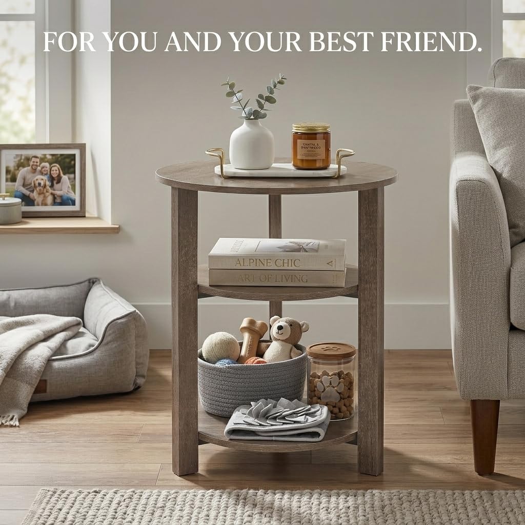 ZEXVIDA Farmhouse 3-Tier Round Side Table, 17.7 * 21.7 Inch Small End Table for Living Room, Wooden Bedside Table Nightstand with Open Storage, Industrial Accent Table for Small Spaces,Oak