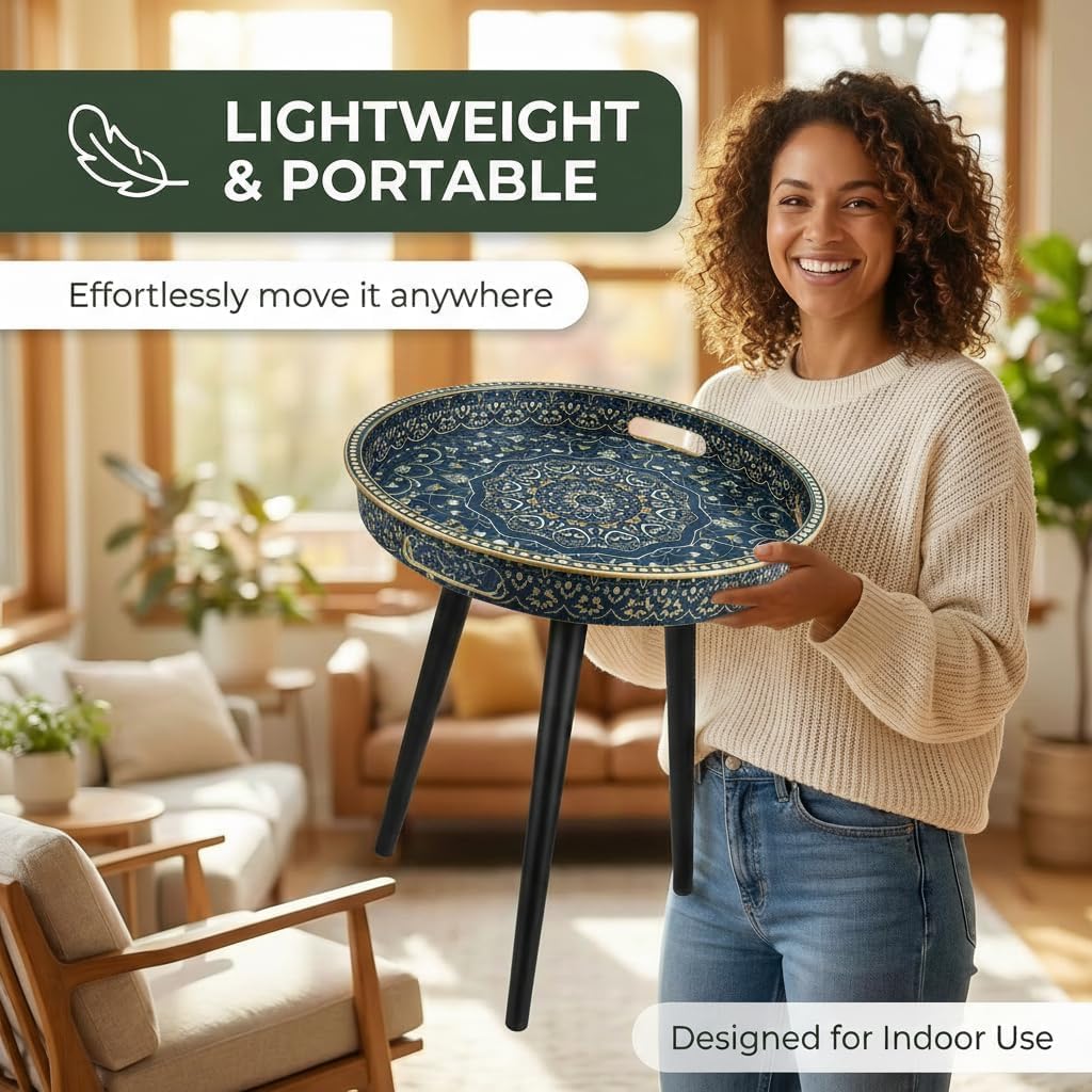 Zosenley Round Indoor Side Tables with Detachable Wooden 3 Legs, Versatile Tray Table, Perfect for Round Coffee Table Tea, and Relaxation Time 17.7 Inch (33 Blue Maze)