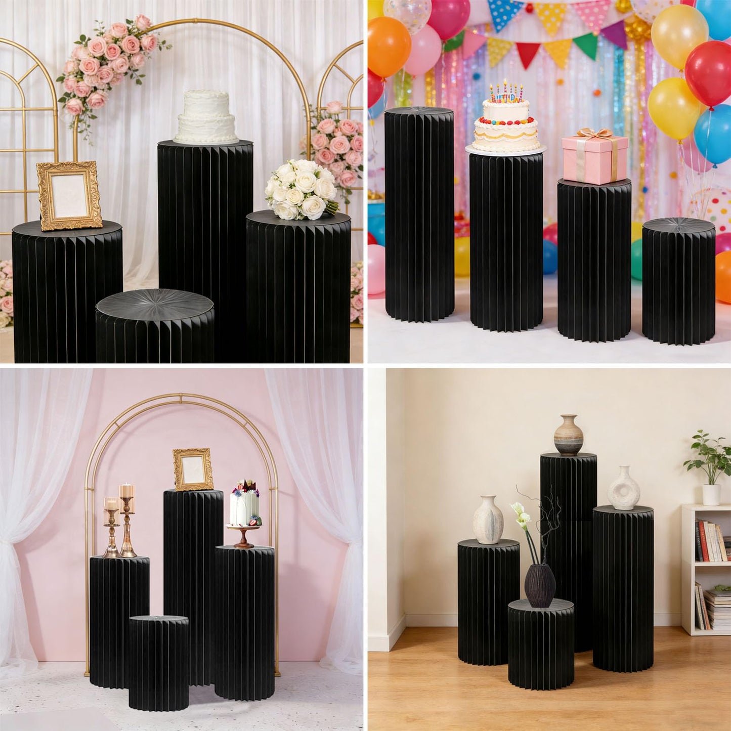 OYKSHDF 4Pack Cylinder Stands for Party, Foldable Cardboard Columns with 4 Clear Round Top Plates, Cake Display Pedestal Stand for Wedding Banquet Vendor Events Decorative (Black)