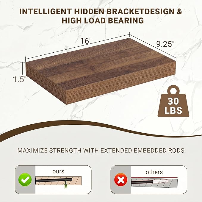 Acovy 16 Inch Floating Shelves, Wooden Shelves