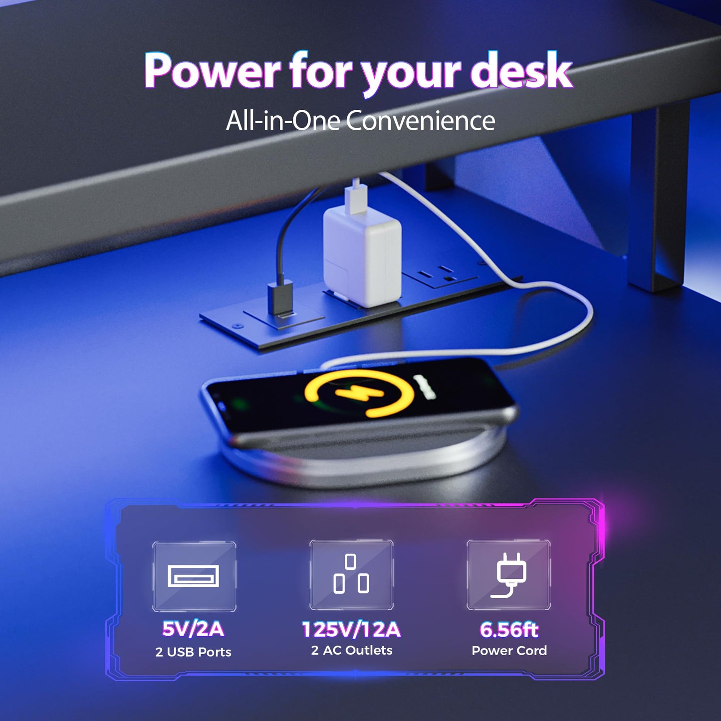 Mericonia 52 inch Gaming Desk with LED Lights & Power Outlets, Reversible Computer Desk with Storage Drawers & Monitor Stand, Large Gaming Table for Home Office