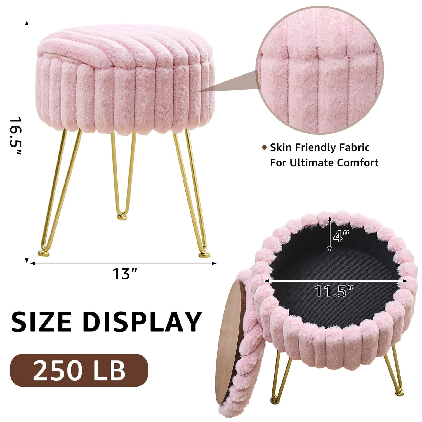 Wimarsbon Vanity Stool with Storage, Faux Fur Ottoman Chair with Metal Legs, Round Makeup Vanity Chair for Bedroom or Dressing Table, Modern Small Ottoman Seat (Pink)