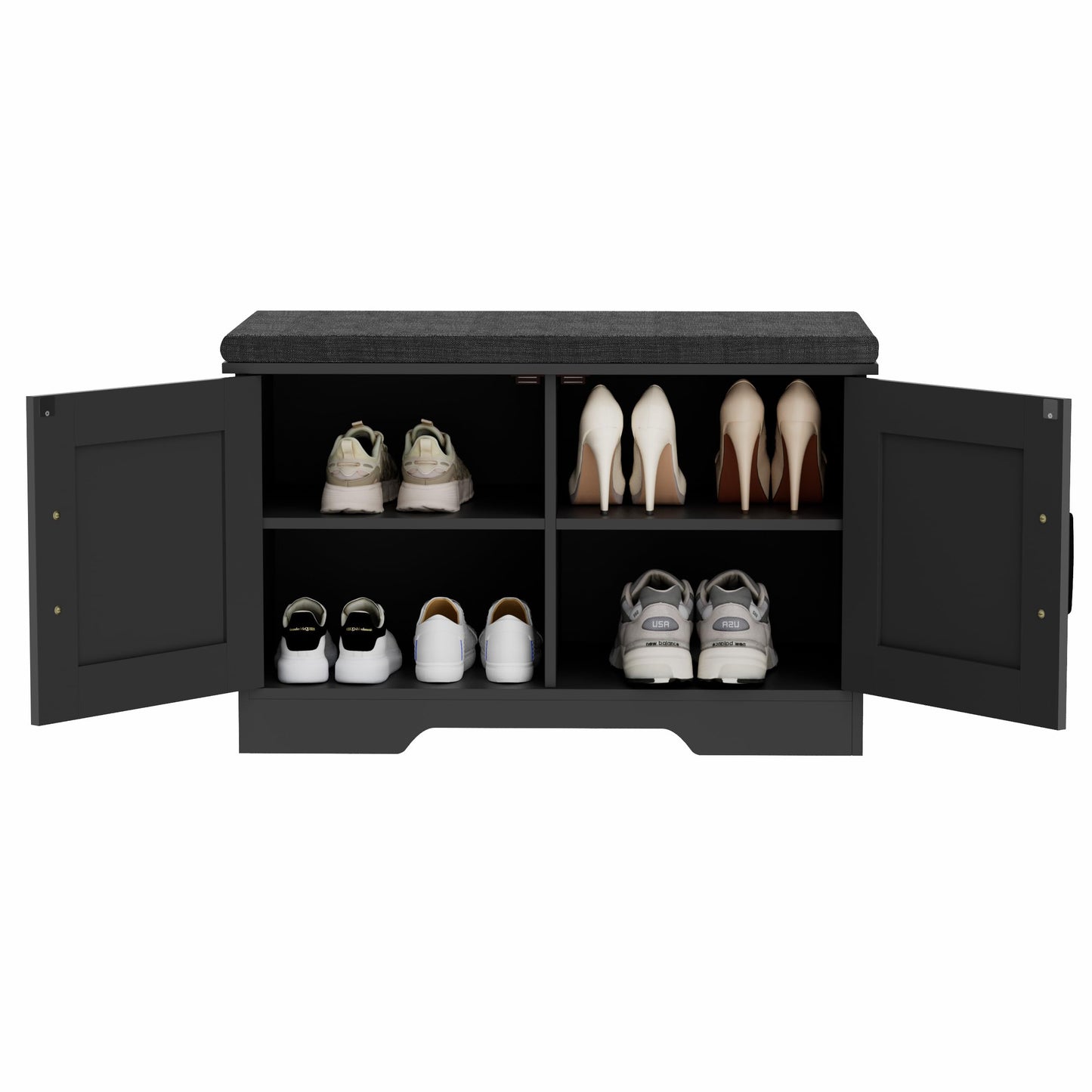 HOMSHO 2-Tier Storage Bench, 27.6" Wide Shoe Bench with Padded Seat Cushion, Entryway Bench with 2 Barn Doors and Adjustable Shelf, Black