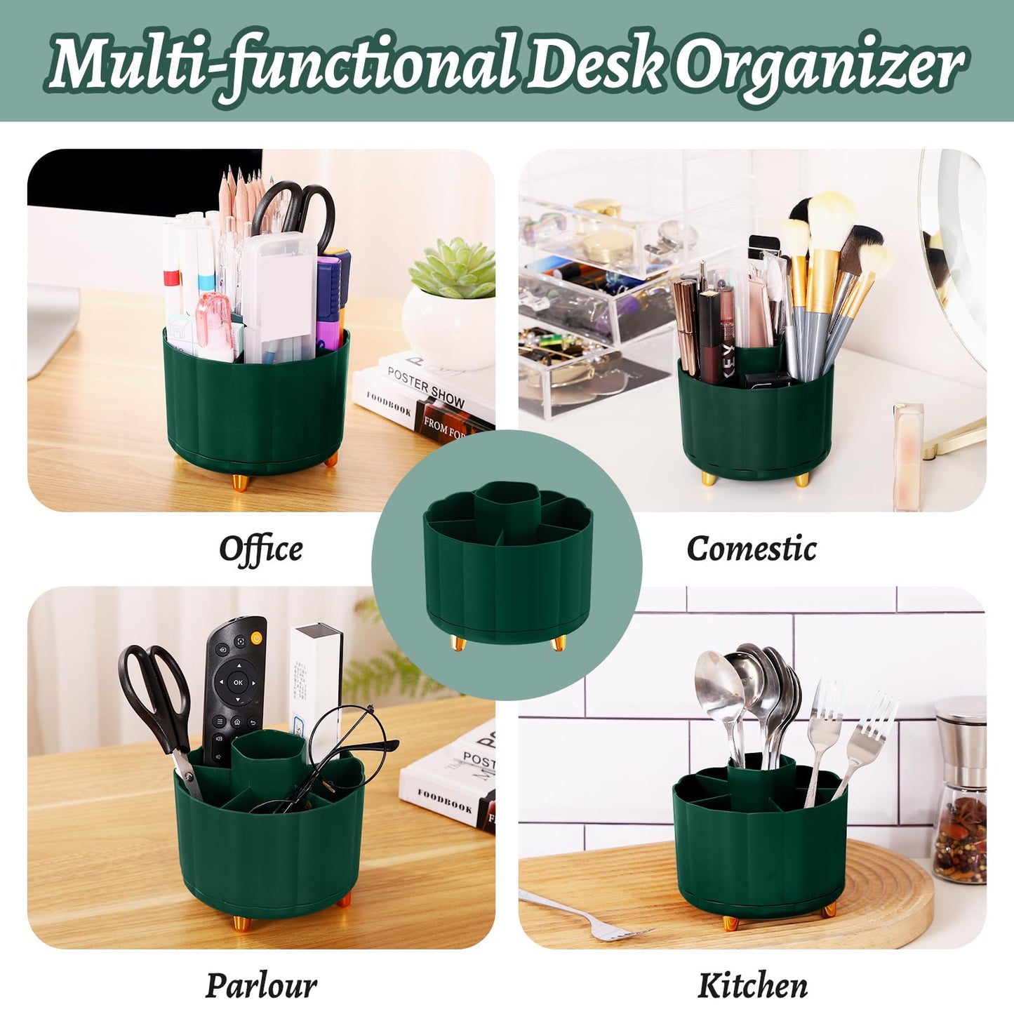 IVEETTY Desktop Organizer 360 Rotating, with 6 Slots Pen & Pencil Holder, Desk Caddy for Markers, pen, pencil, Space Saving Office Organization, Small Desk Essentials, Work Home, Green