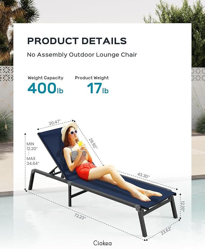 Ciokea Patio Chaise Lounge Chair, Foldable Lounge Chair