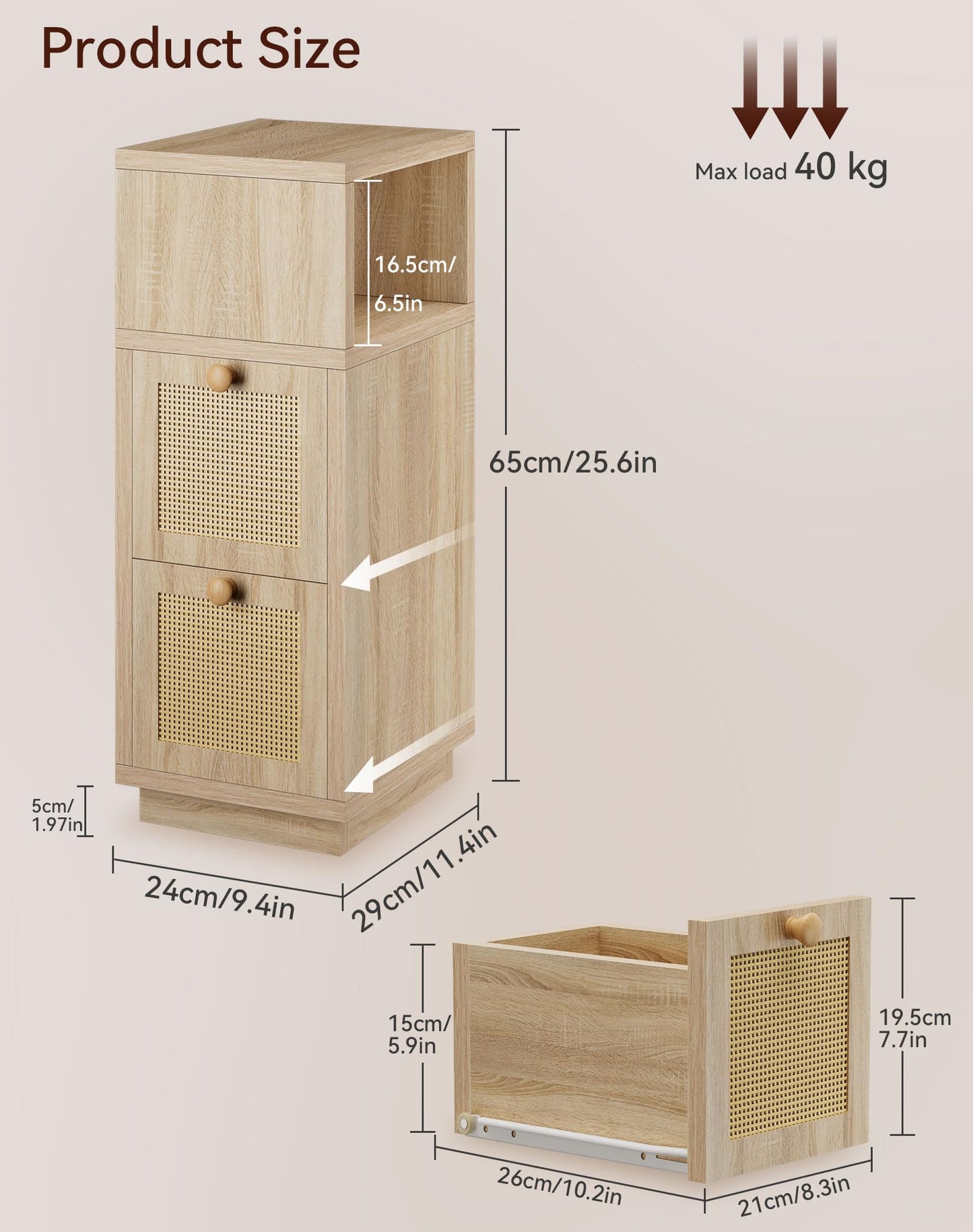 YMYNY Rattan Nightstands Set of 2, Boho Bedside Table with Open Shelf, 2 Drawers, 9.45" x 11.42" x 25.59", Narrow Side Table, Bedside Cabinet for Bedroom and Small Spaces, Natural UHST017N-2