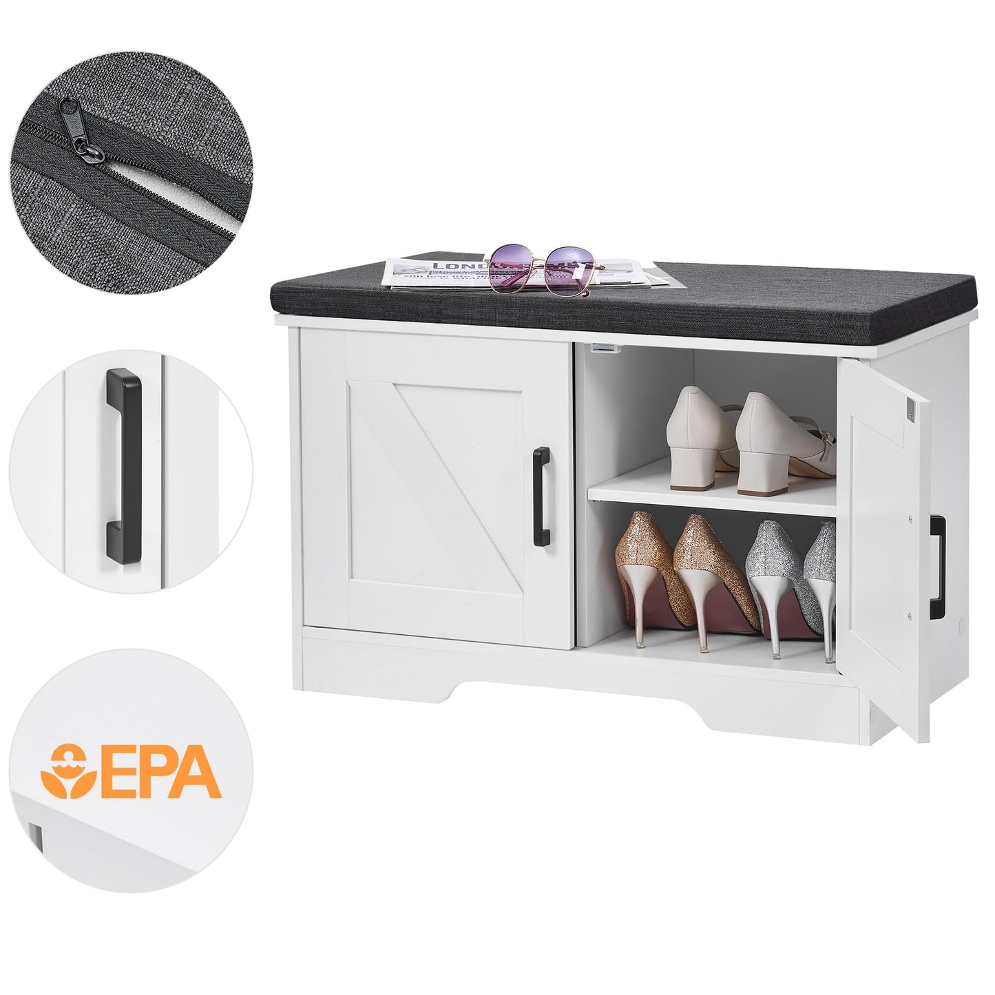 HOMSHO 2-Tier Storage Bench, 27.6" Wide Shoe Bench with Padded Seat Cushion, Entryway Bench with 2 Barn Doors and Adjustable Shelf, White