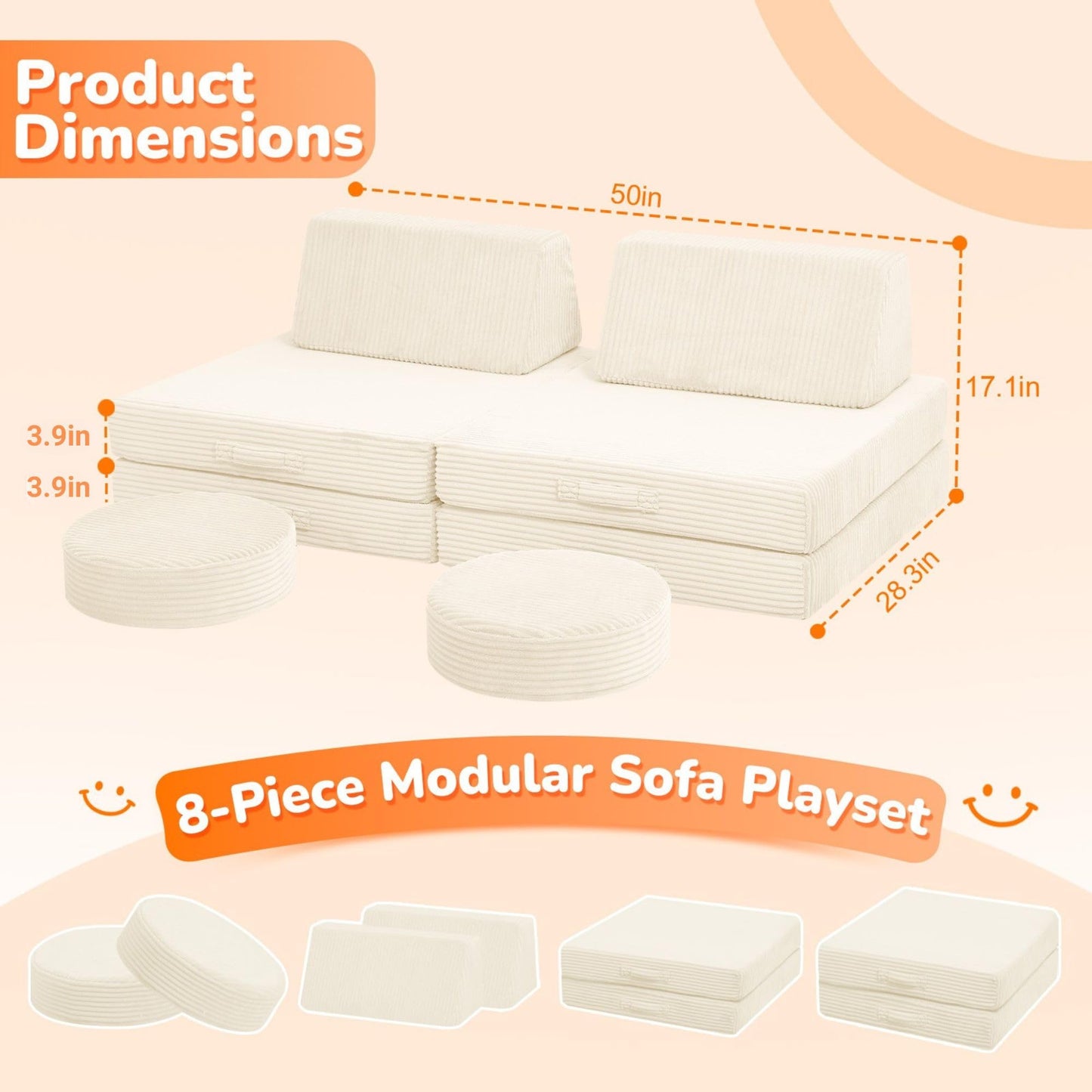 MeMoreCool Stylish Corduroy 10-Piece Kids Play Couch, Modular Foam Toddler Couch Fort Building Set, Convertible Sofa with Washable Covers for Playroom and Bedroom, Mustard Yellow