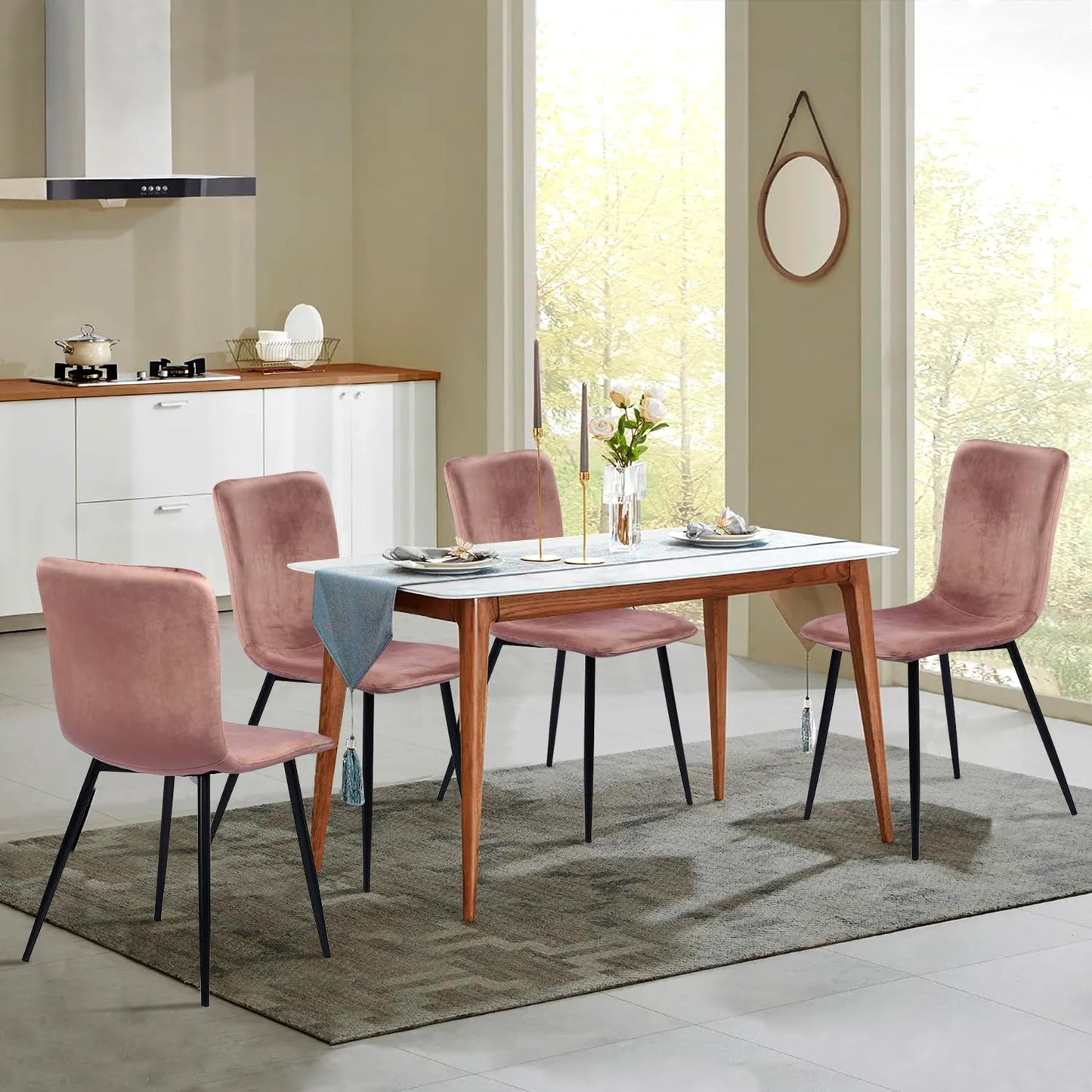 FurnitureR Scandinavian Dining Chairs Set of 4, Comfy Side Chair with Velvet Seat Sturdy Metal Legs for Kitchen Living Bed Room, Rose