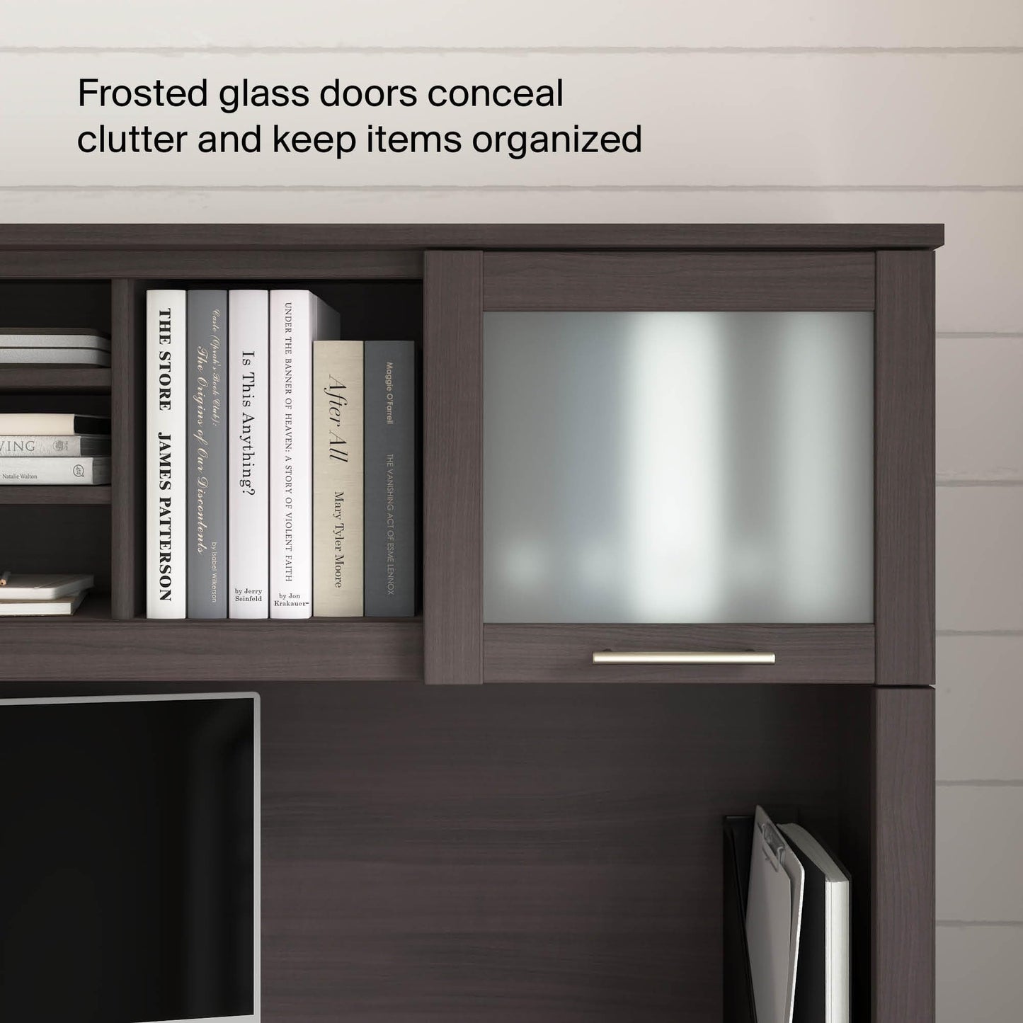 Bush Home 72-Inch Desk Hutch, Office Storage Organizer with Shelves, Cubbies and Frosted Glass Doors for Computer Desk, Home Office Furniture, Somerset Collection, Storm Gray