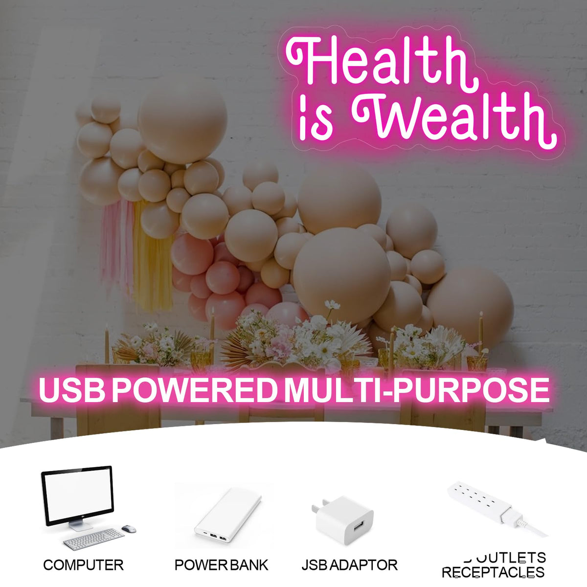 Health is Wealth Neon Sign,Health Decor Light,Fitness Club Decor,Gym Led Wall Decor,Inspirational Quote Sign,Health Gift,Mother's Day gift, Encouraging Light, Pink Led light for Bedroom, Club, gifts For Women