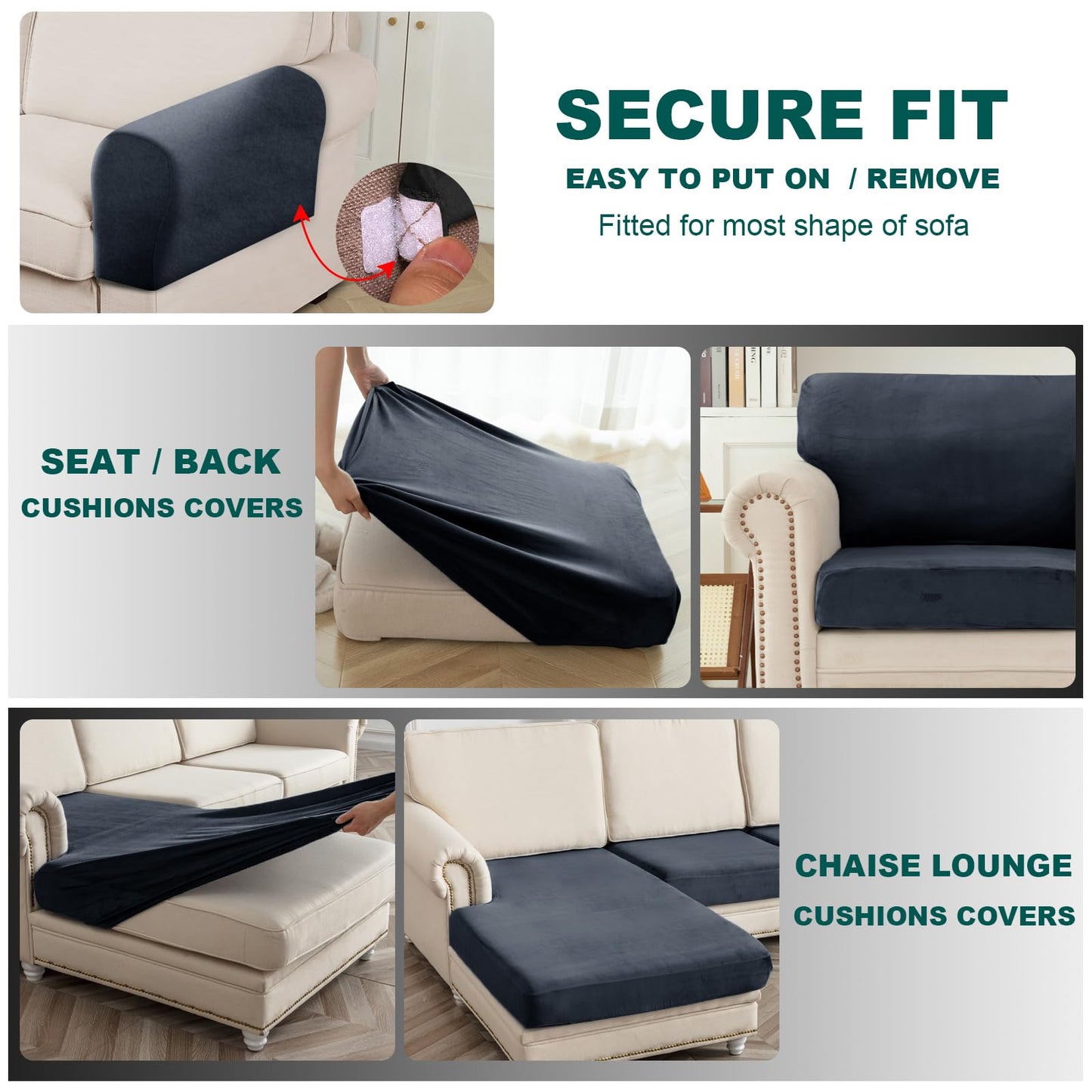 10 Pieces Sofa Cushion Covers for U-Shaped Modular Sectional Couch with 4 Seat+4 Back+2 Arms, Stretch Velvet Upholstered Covers for Sofa Bed with Deep Double Chaise (Dark grey,Universal (10 Pieces))