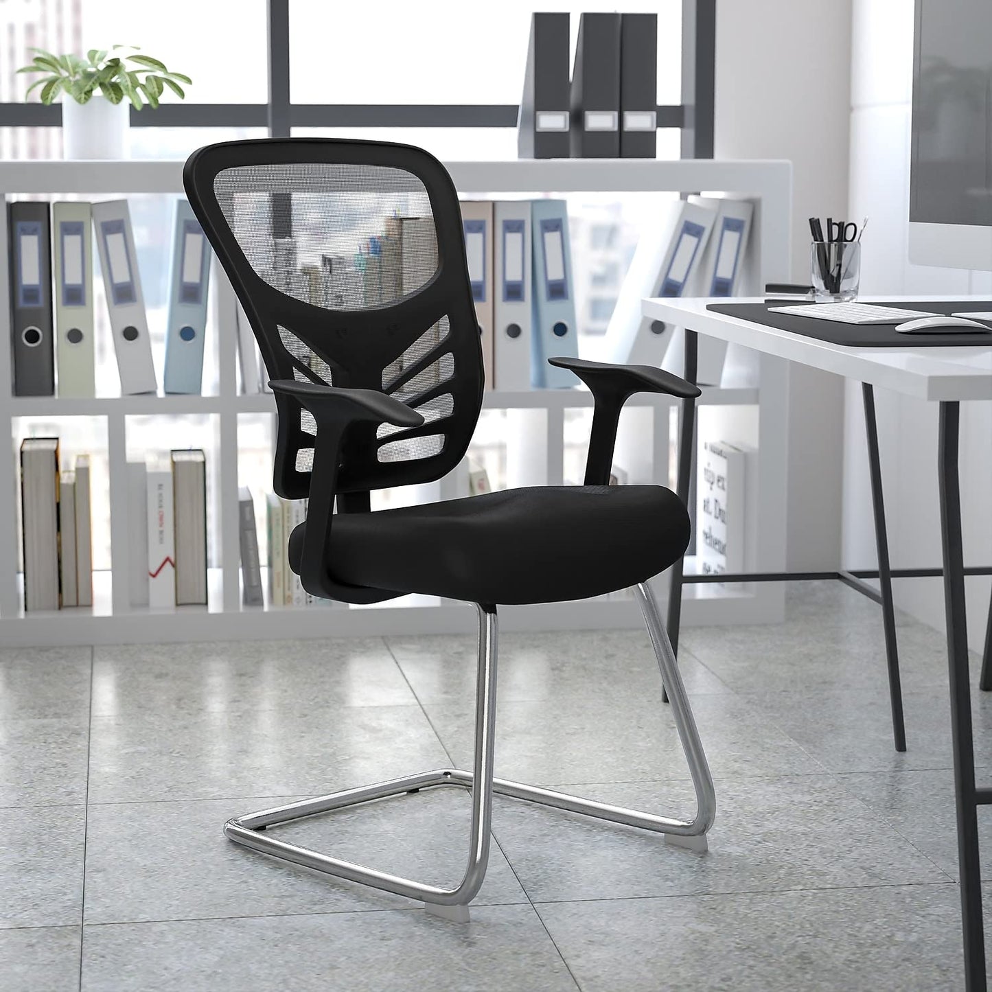 Flash Furniture Steve Black Mesh Side Reception Chair with Chrome Sled Base