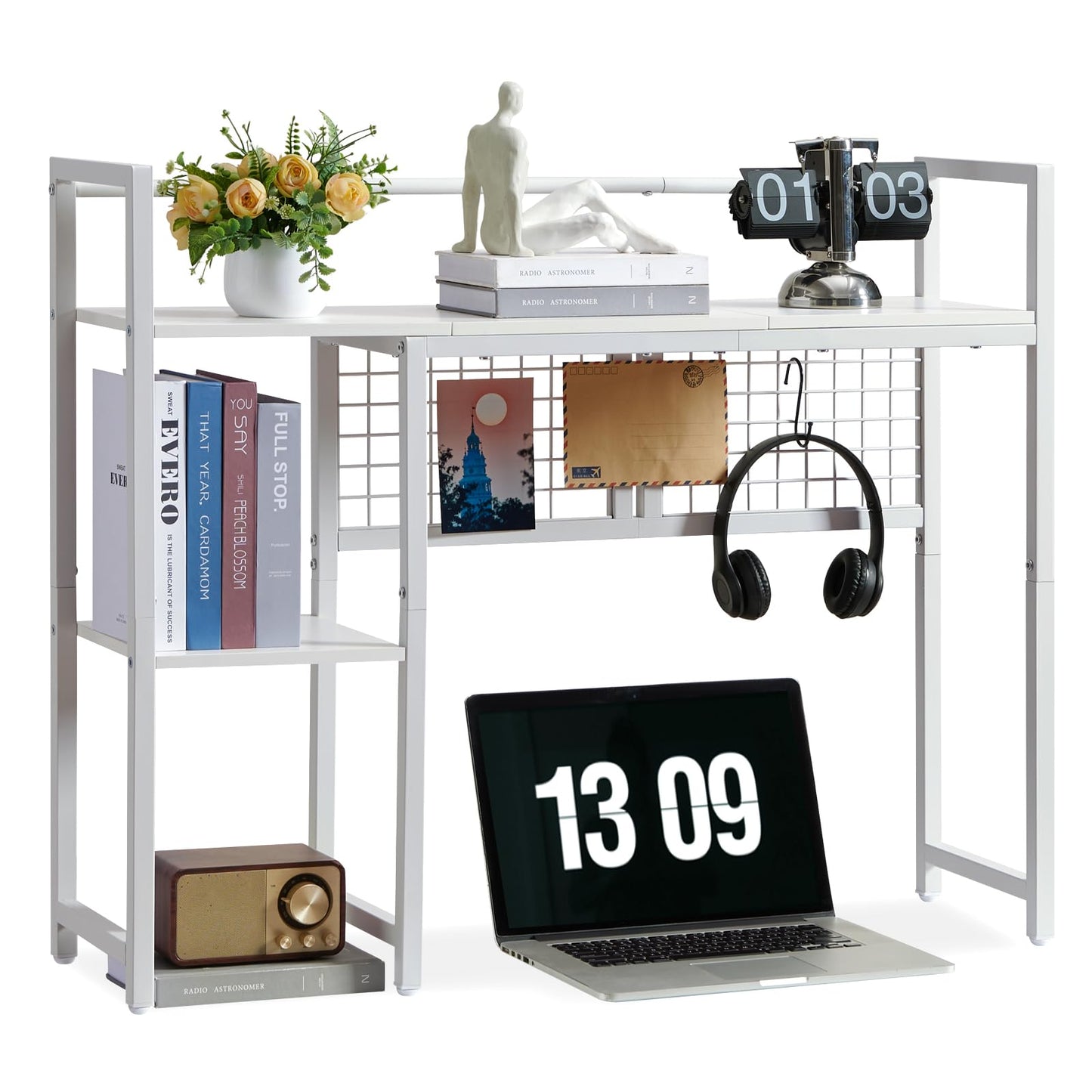Grecodown 4-Tier Desk Hutch Shelf with Grid Panel, 36” Desktop Bookshelf for Monitor, Office & Home (White, 36")