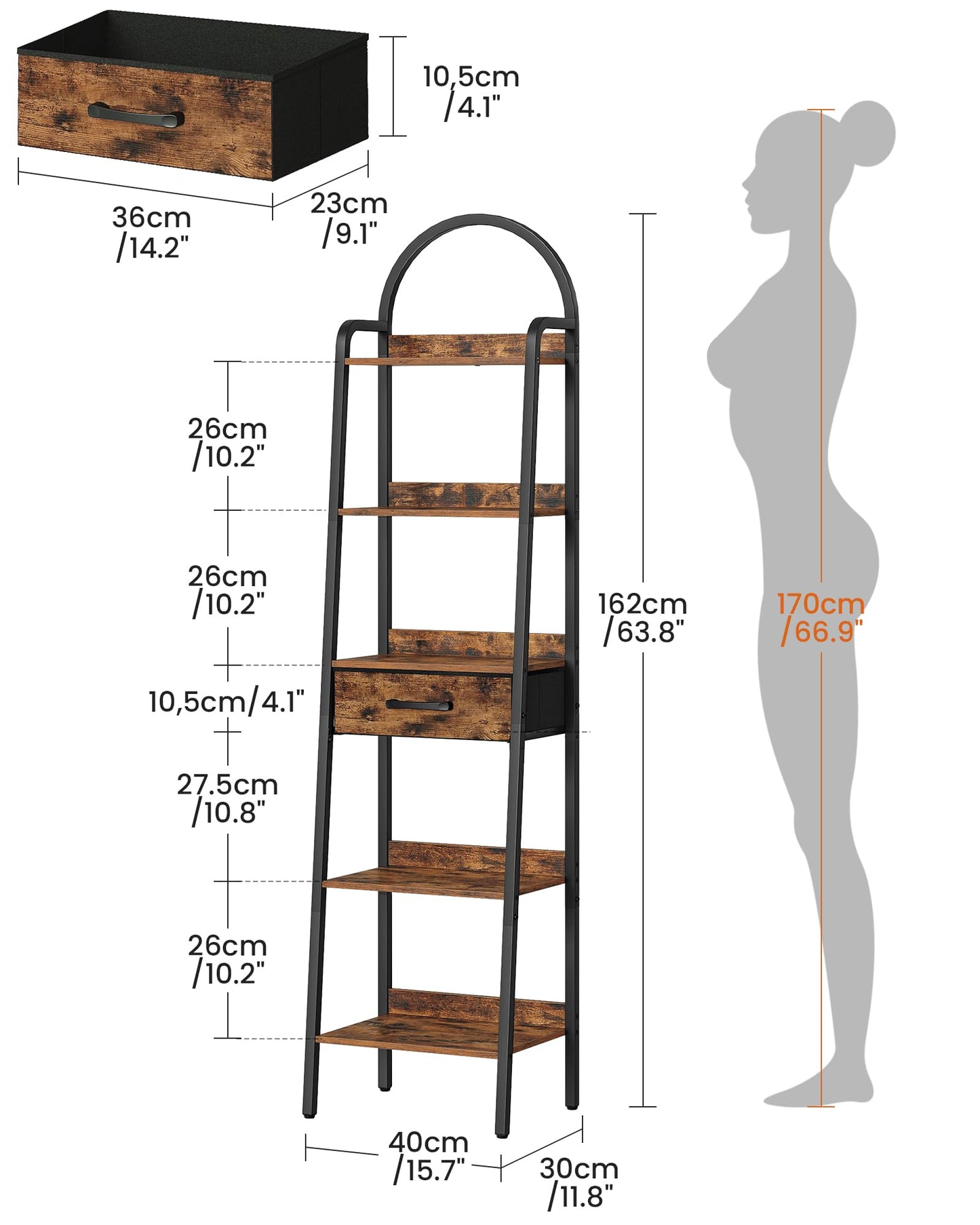 CHOEZON 5 Tier Ladder Shelf with Drawer, Tall Ladder Bookshelf, Standing Bookcase with Metal Frame for Living Room, Bathroom, Home Office, Study, Balcony, Rustic Brown and Black TCJ07BF