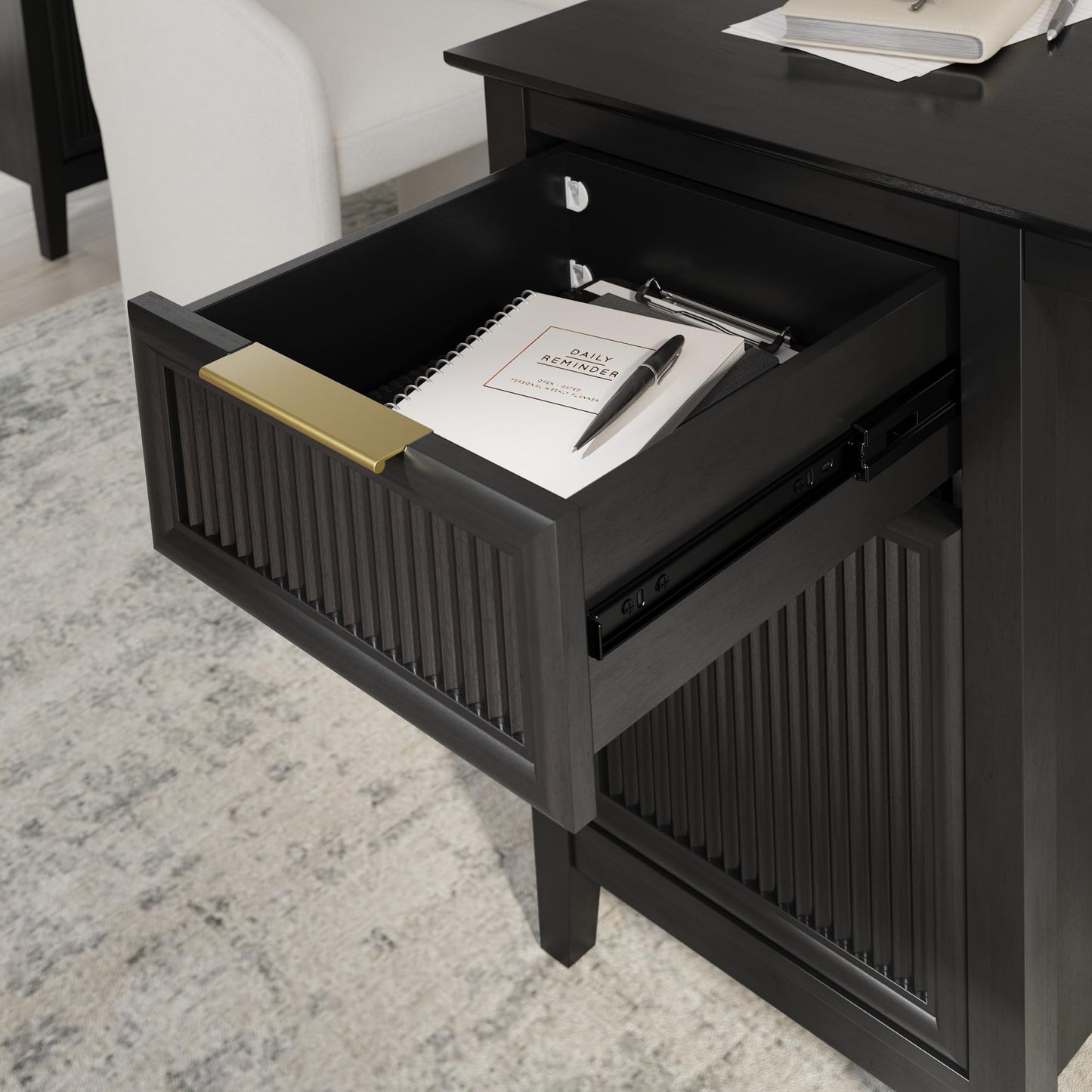 Bush Home 54-inch Office Desk with Storage and 5 Shelf Bookcase with Doors, Home Office Furniture, Camille Collection, Onyx Birch