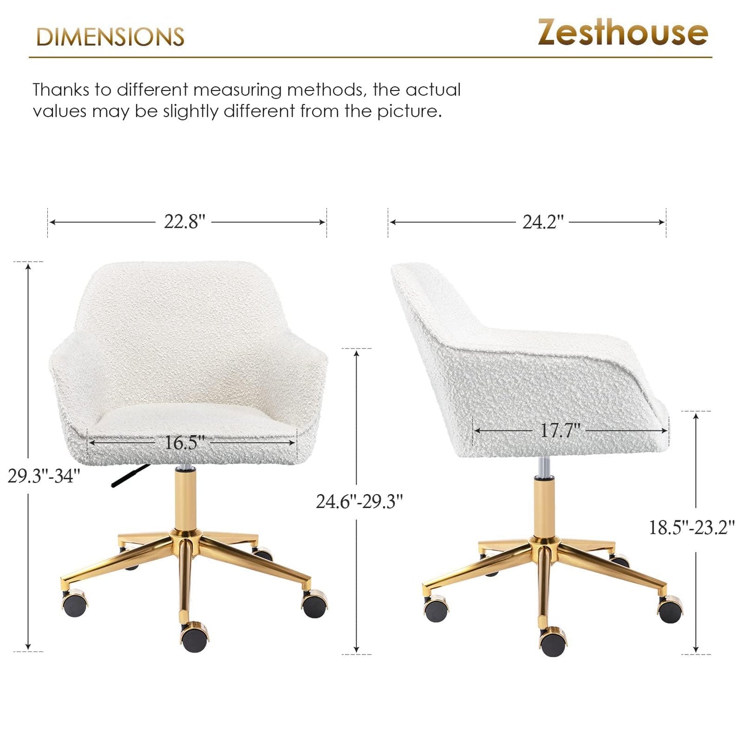Zesthouse Modern Desk Chair with Wheels, White Swivel Vanity Chair for Girls Women, Upholstered Home Office Chair Boucle Armchair for Bedroom, Height Adjustable Computer Task Chair, Gold Base