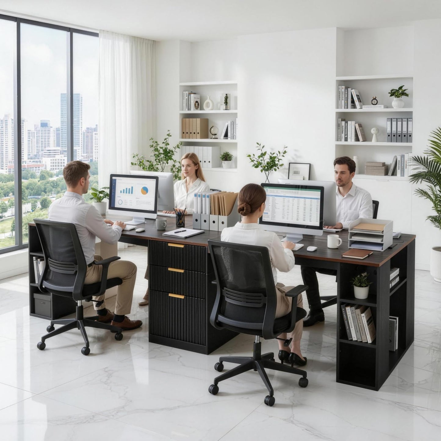 NORTHSKY 96.5" 2 Person Desk with Power Outlet & USB Ports, Double Computer Desk with Drawers & Storage Shelves, Modern Fluted Gaming Desk for Home Office, Black
