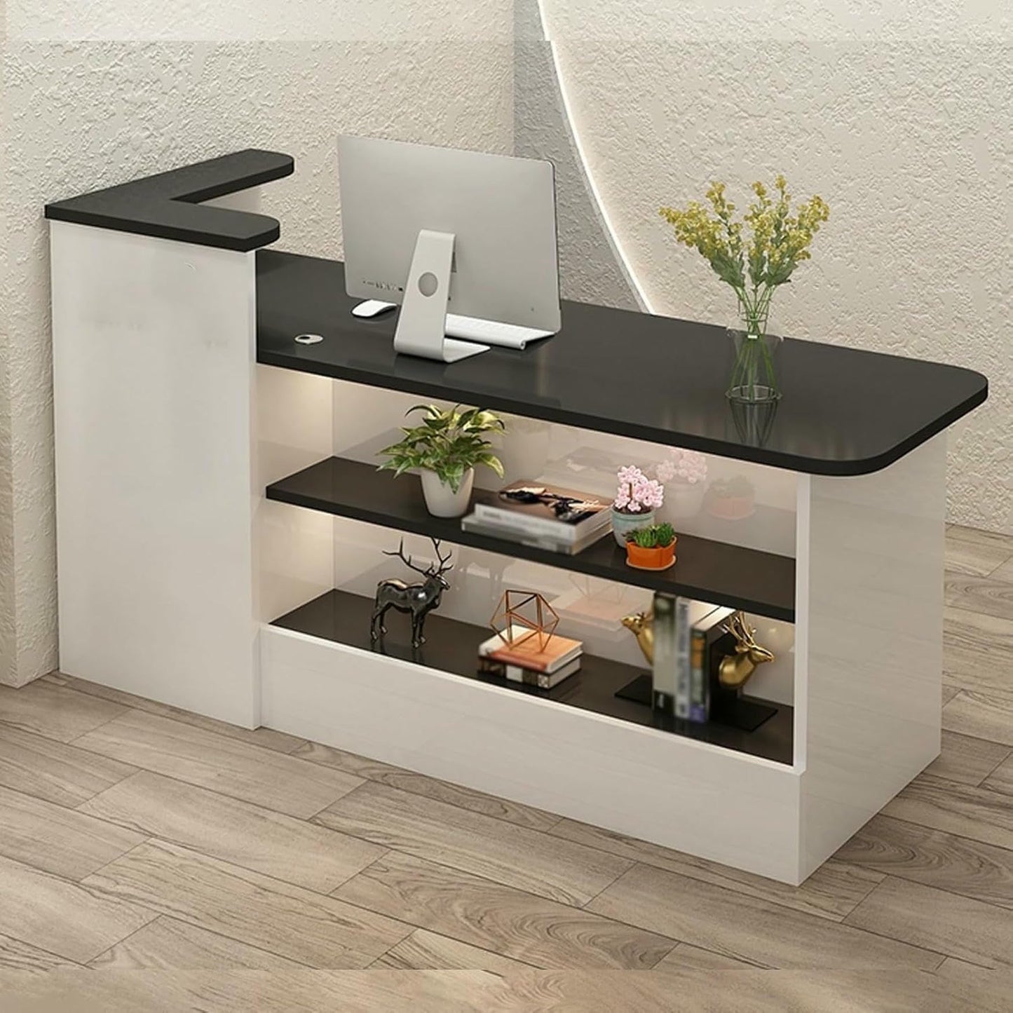 Reception Desk, Retail Checkout Counter, Front Desk Reception Counter, Wooden Checkout Office Desk with Lockable Drawer and LED Light, for Salon Reception Room Store Hotel(White+Beige L,100cm/3