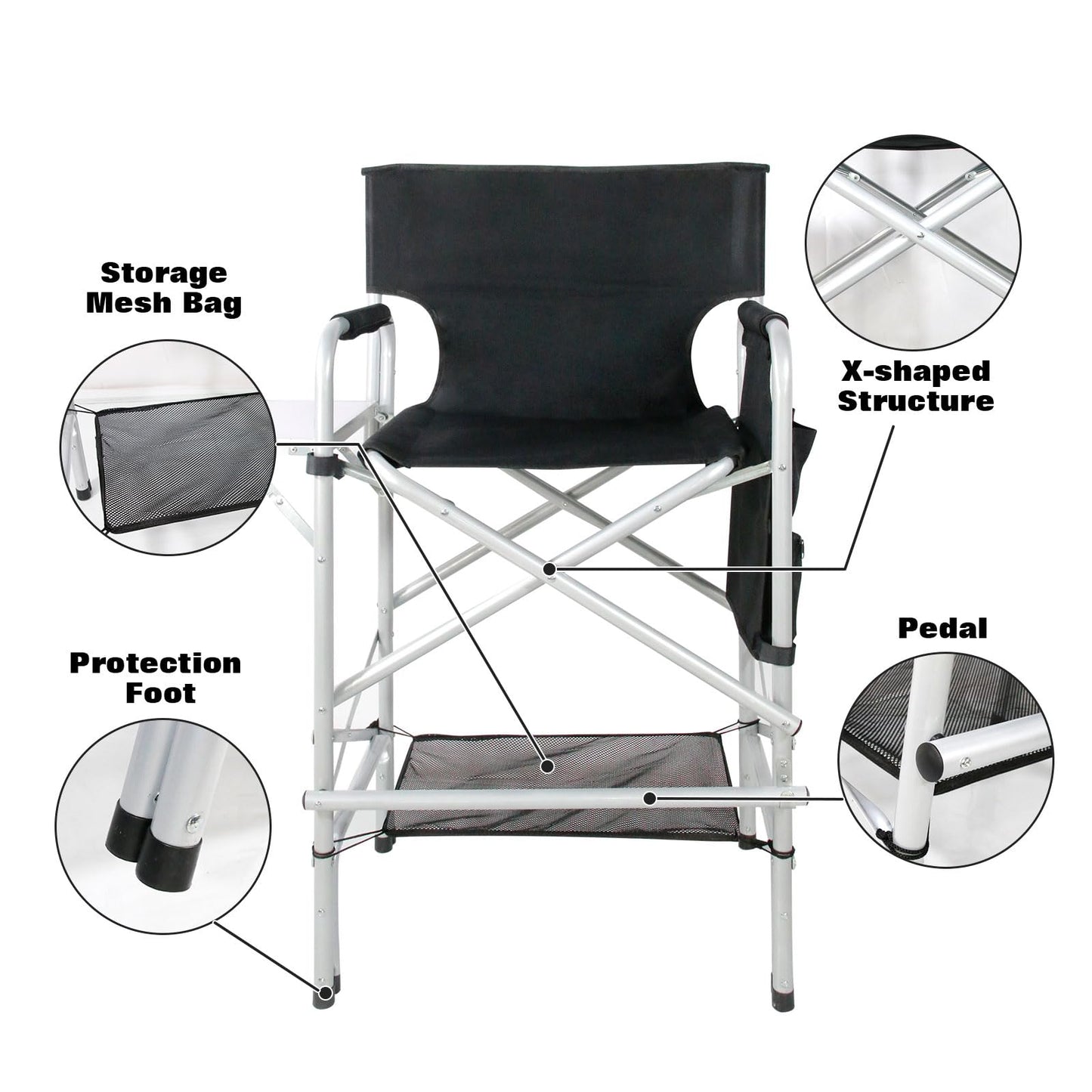 GDGYOFN Makeup Chair for Makeup Artist 45.6'', Tall Directors Chairs Foldable for Clients with Side Table Cup Holder Storage Bag and Footrest, Folding Chair 400lbs Capacity Black