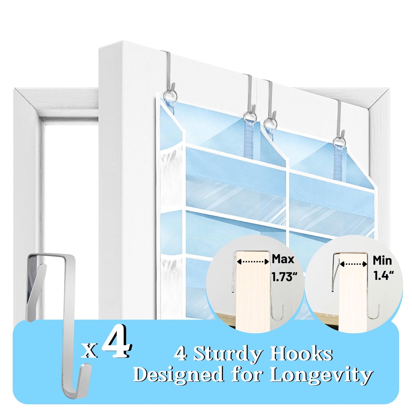 Blue Over the Door Organizer 5 Tiers, Extra Large Behind Door Storage of 10 Compartments, 80 lbs Weight Capacity Hanging Storage Organizer with Clear Window Kids Toys, Shoes, Diapers, Room storage