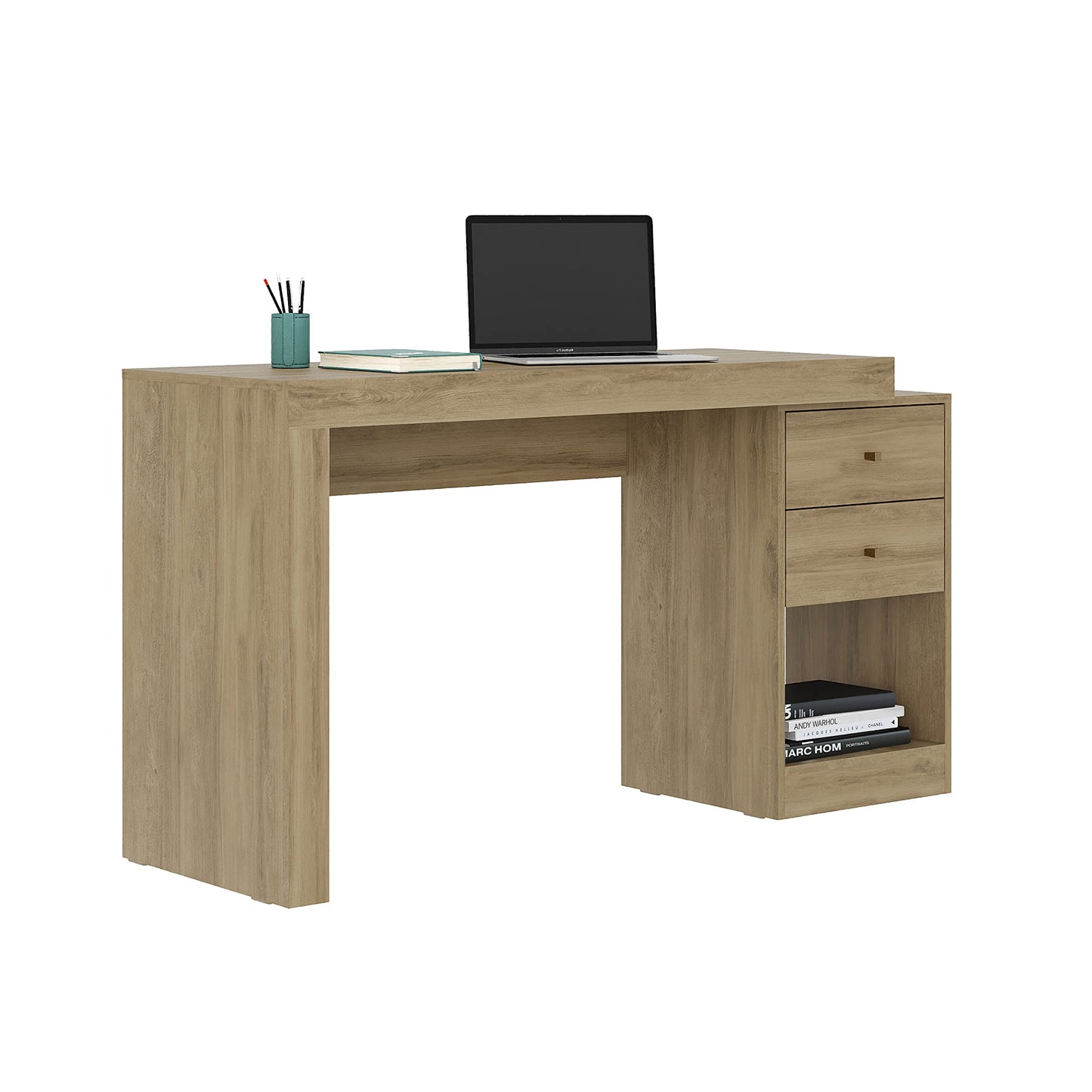 Expandable Desk with Storage Drawers & Open Shelf - Expands from 47 Inch to 57 Inch - Pine Computer Desk with Printer Space - Modern Home Office Table with Drawers - Techni Mobili Blanco Collection