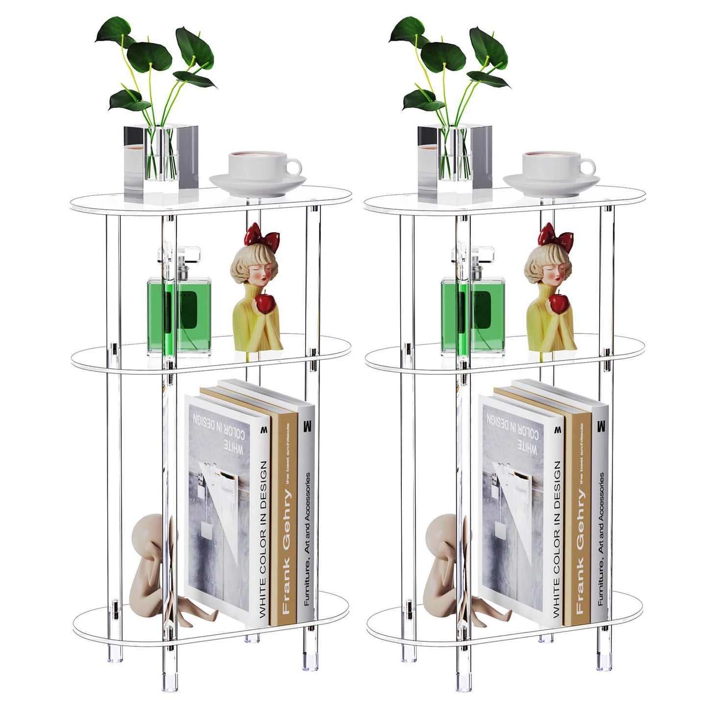 Bkemiy Clear Acrylic Narrow Side Table Set of 2 for Small Spaces, 15.75" L x 7.87" W x 24.6" H, 3 Tier Oval Slim End Table Nightstand, Small Skinny Bedside Table for Bedroom, Bathroom, Living Room