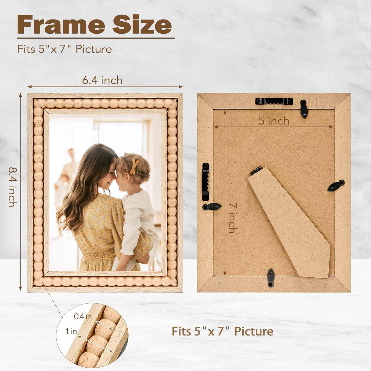 OMISHE Wood 5x7 Picture Frame with Decorative Beads for Wall Decor or Tabletop, Boho Rustic Handcrafted 5 x 7 Frame with Shatter Resitant Plexiglass, Natural