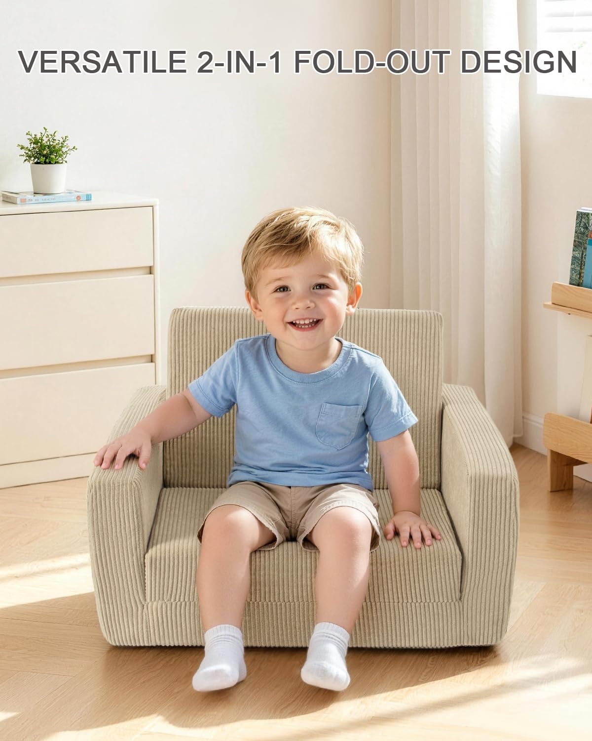 Jouha Kids Chair and Couch, 2-in-1 Fold-Out Kids Sofa, Soft Convertible Seating, Comfy Kids Chair for Boys and Girls,Beige