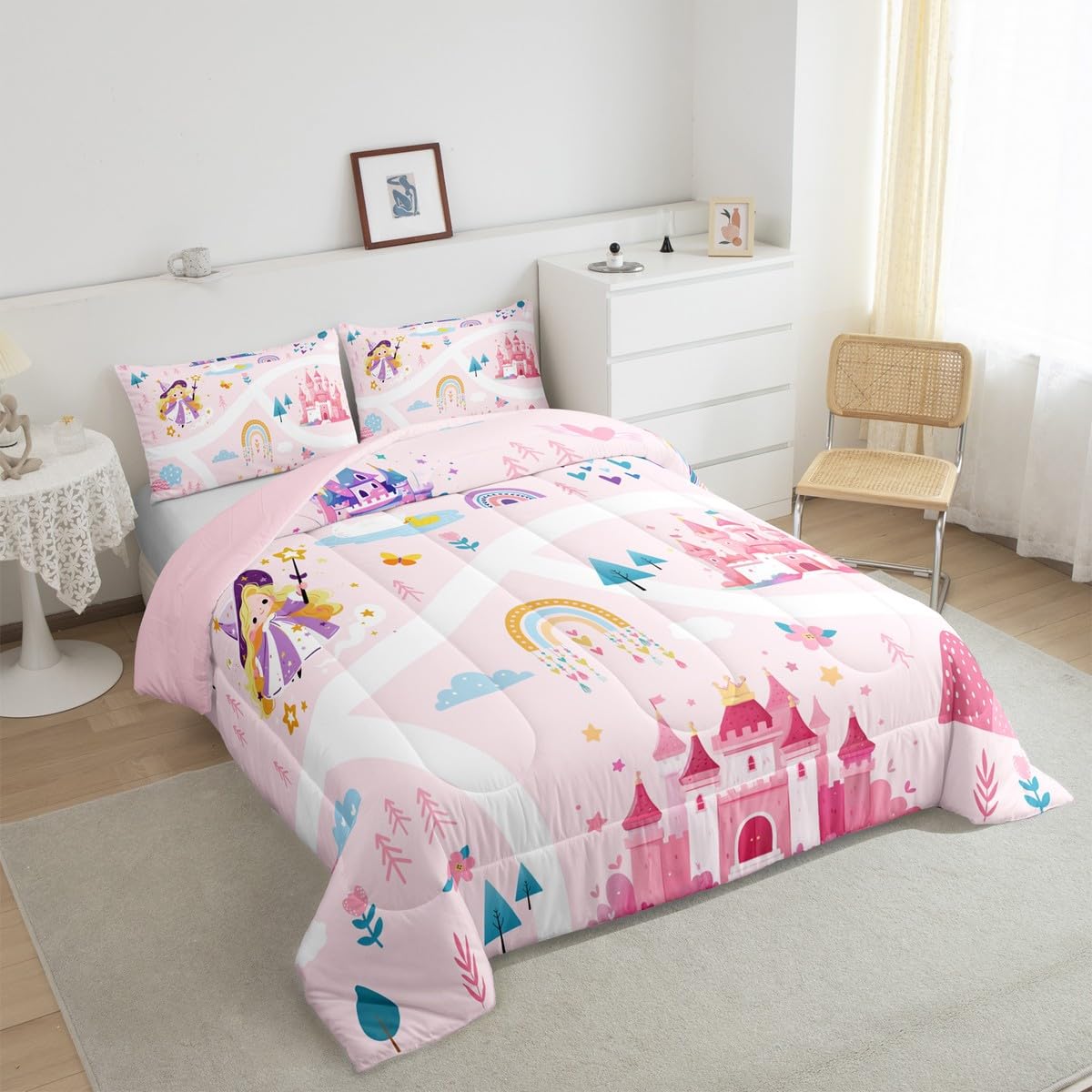 Feelyou Kids Princess Duvet Insert Queen Size, Girls Dreamy Magic Castle Comforter Set Boys Girls for Cartoon Rainbow Bedding Set Fairytale Teens Bedroom Decor with 2 Pillow Case
