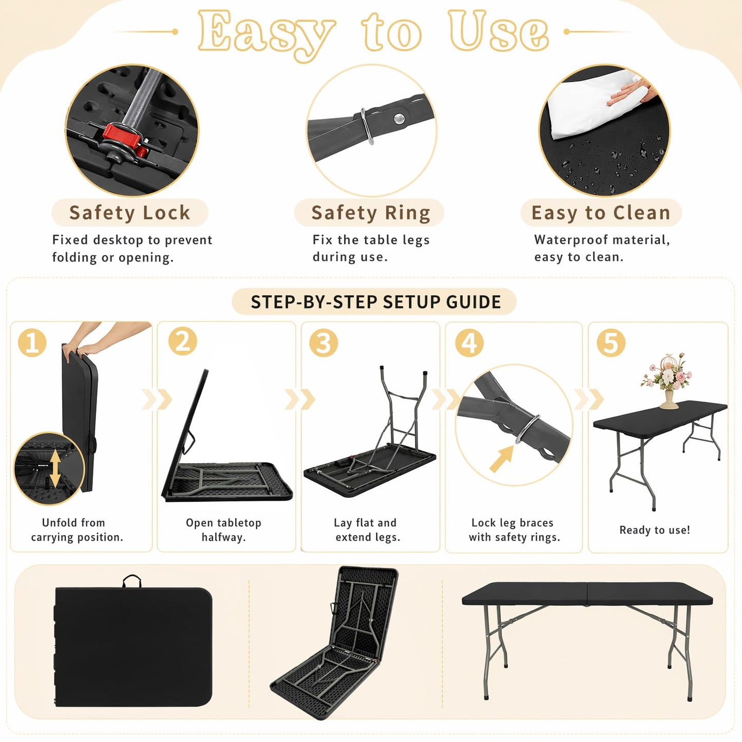 HAISIWLKJ Folding Table 6 FT Lightweight Camping Table Black Portable Plastic Rectangular Outdoor Dining Table Steel Legs Fold-in-Half with Carrying Handle for Indoor,Picnic,Party,Wedding,Events