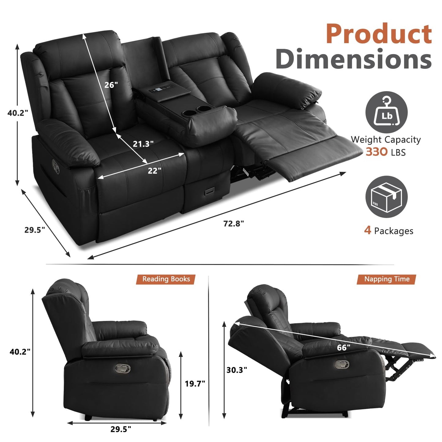 AHMED Reclining Loveseat with Console, Manual Double Recliner Sofa with USB Ports, Cup Holders and Side Pockets, Faux Leather Home Theater Seating Couch for Living Room, Black