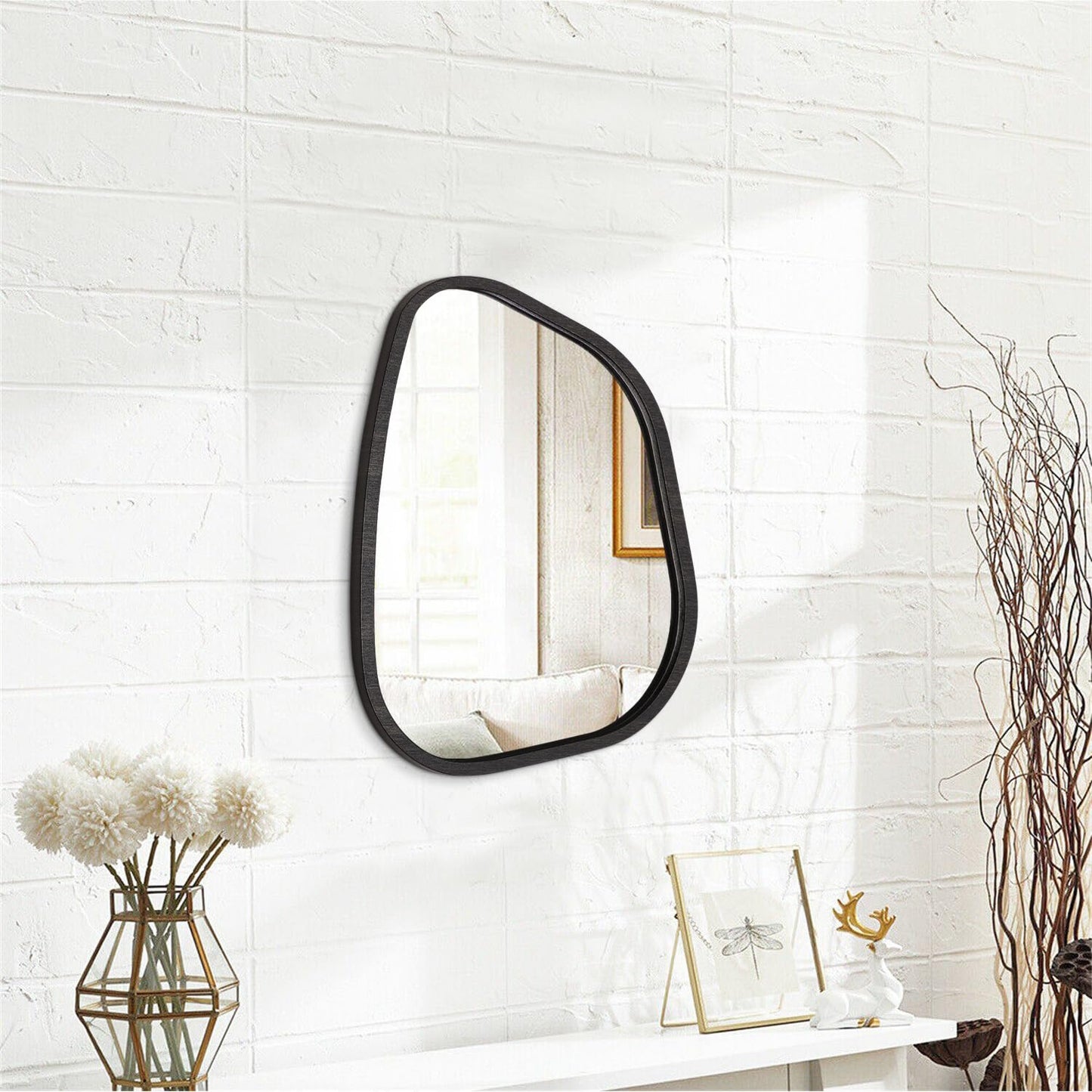 HLFMVWE Asymmetrical Mirror for Wall Irregular Oval Wood Frame Modern Unique Wall Mirror Decorative Vanity Bathroom Living Room Bedroom Entryway Hallway Artistic Wavy Mirror Small 14"x10"