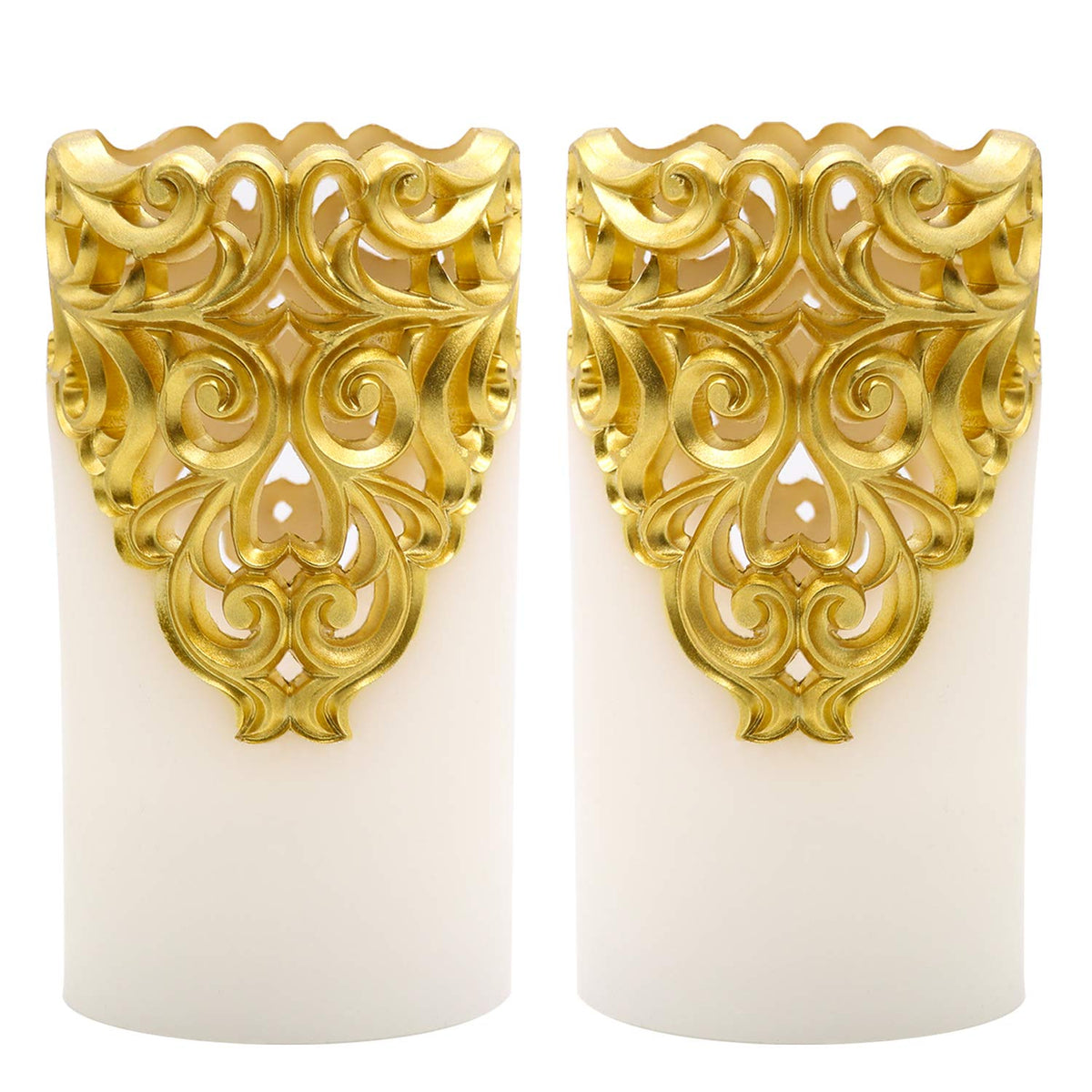 Eldnacele Flameless Christmas Gold Candles with 5H Timer, Flickering Real Wax Battery Operated Pillar Candles for Christmas Holiday Decoration Gold (D3 x H6)
