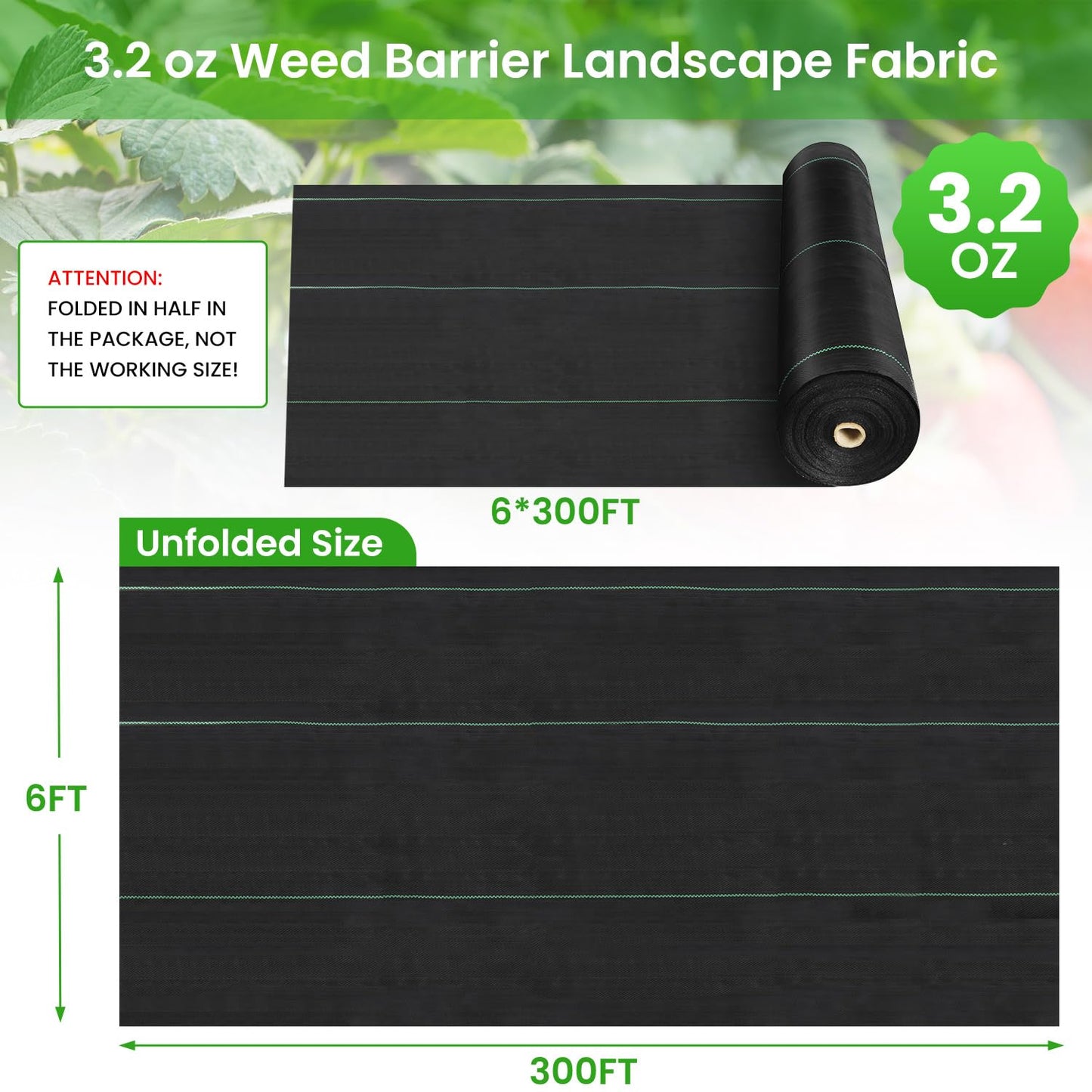 Rintea 6FTX300FT Weed Barrier Fabric, 3.2oz Landscape Fabric, Durable Weed Barrier Fabric Heavy Duty with 20 U-Shaped Securing Pegs for Landscaping Weed Blocker Garden Bed Cover, Commercial Driveway