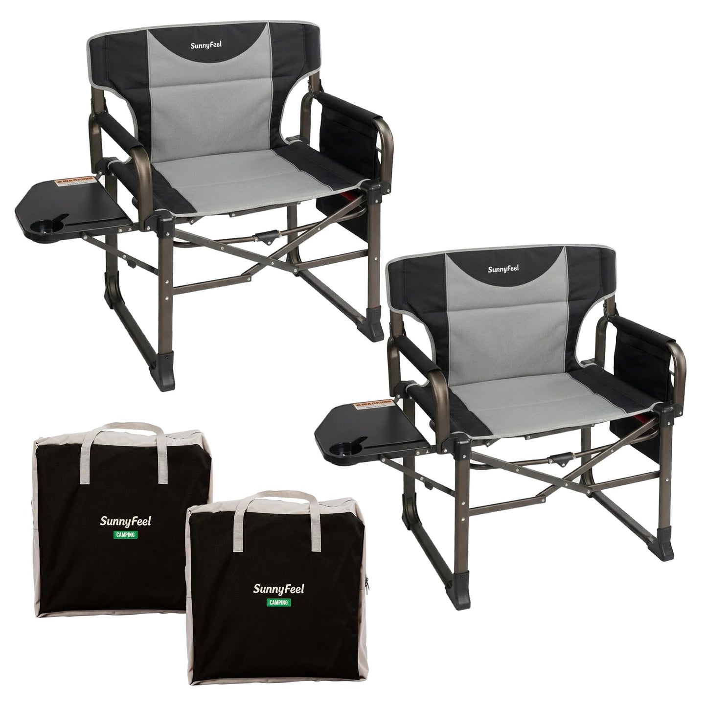 SUNNYFEEL Oversized Camping Directors Chair 2 Pack Portable Foldable Camp Chair for Adults Support 600lbs with Side Pocket and Side Table for Beach, Fishing, Trip, Picnic, Lawn, Outdoor Black