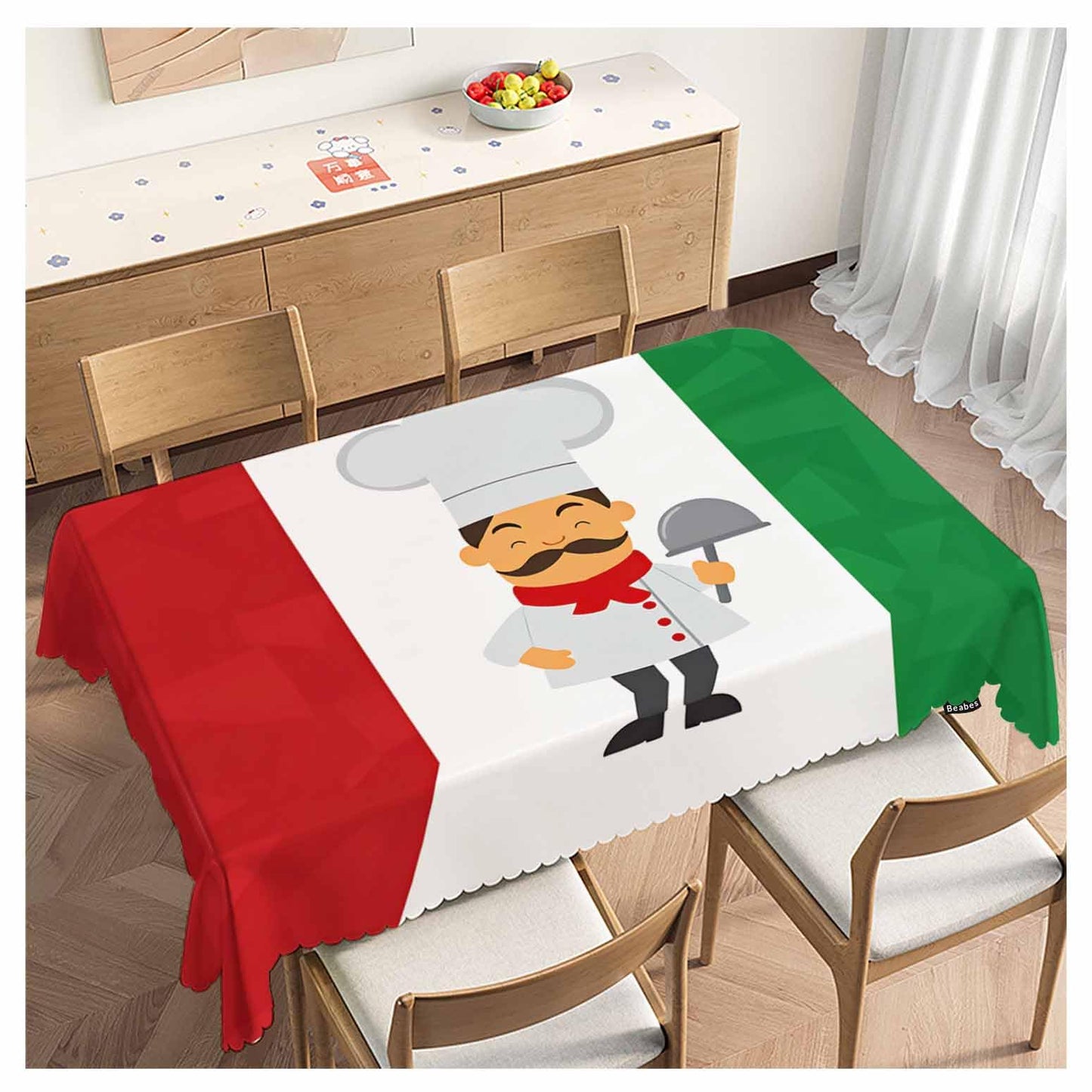 Beabes Chef Rectangle Tablecloth 52x70 Inch Cartoon Chef Italian Flag Dining Table Cloth Table Cover for Home Kitchen Restaurant Party Buffet Picnic, 4-6 Seats