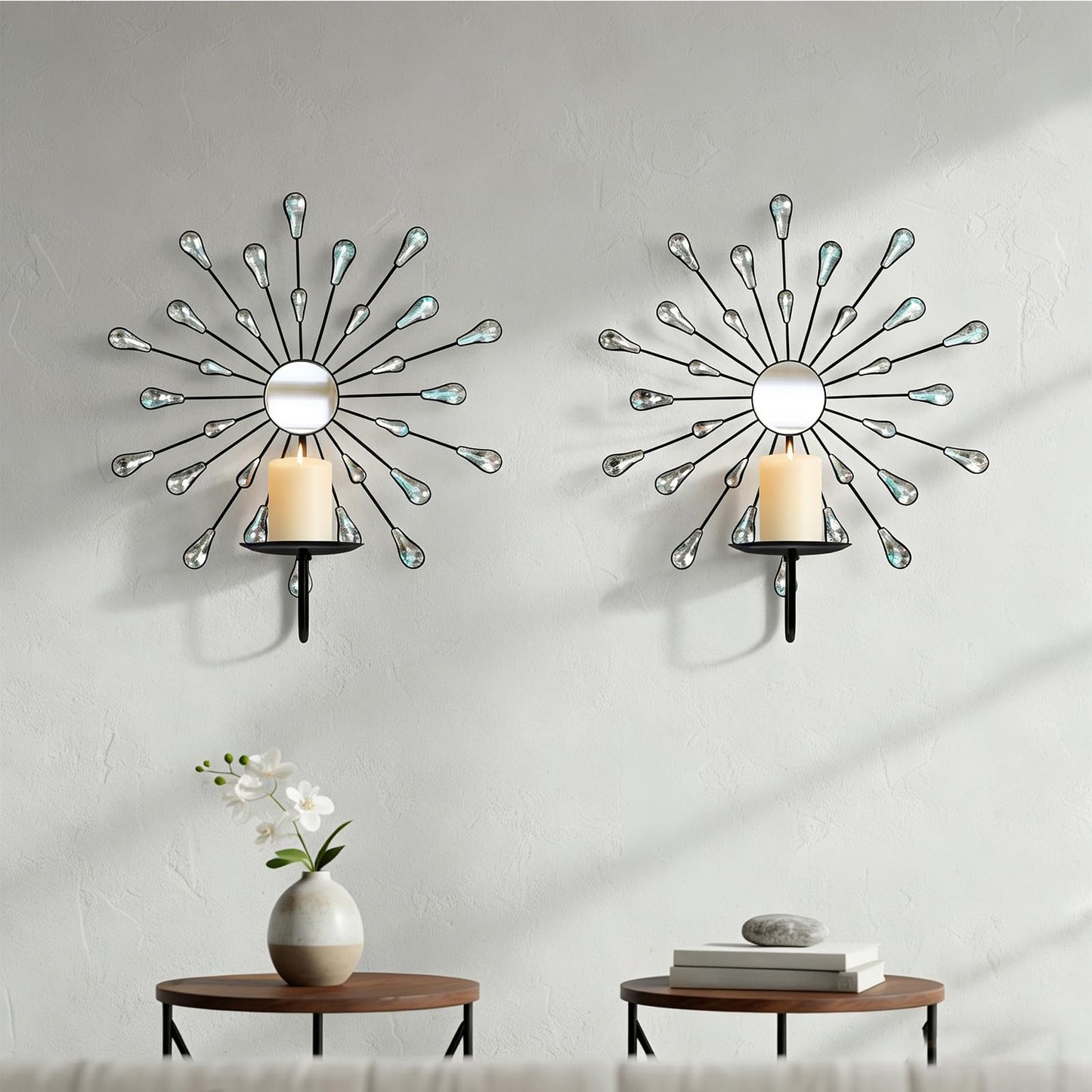 ZEXUIRU 2 Set Starburst Candle Sconces for Wall Decor Living Room Bedroom Dining Room Metal Bling, Crystal, Mirrored Modern Wall-Mounted Candle Sconce Holders Hanging Decor-Black 13in