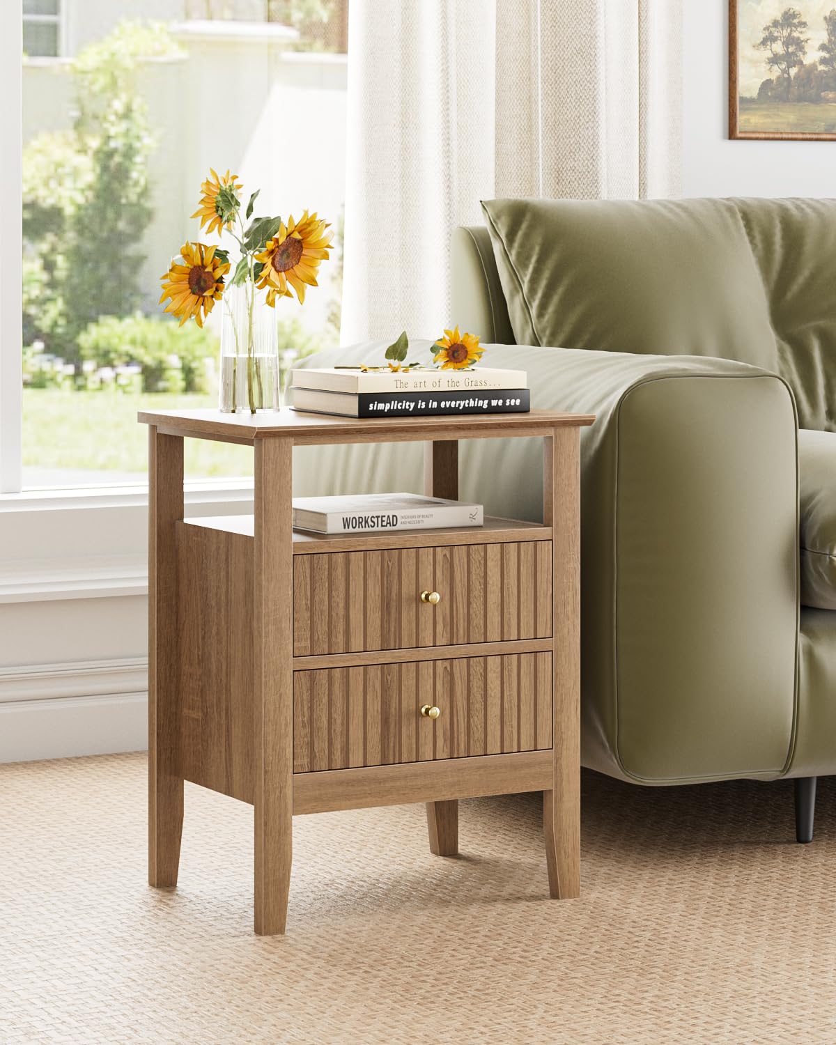 Apetaccat Fluted Nightstand, Farmhouse Night Stand with 2 Drawers, Mid Century Modern Side Accent Table,Bedside End Table for Bedroom, Living Room, Natural