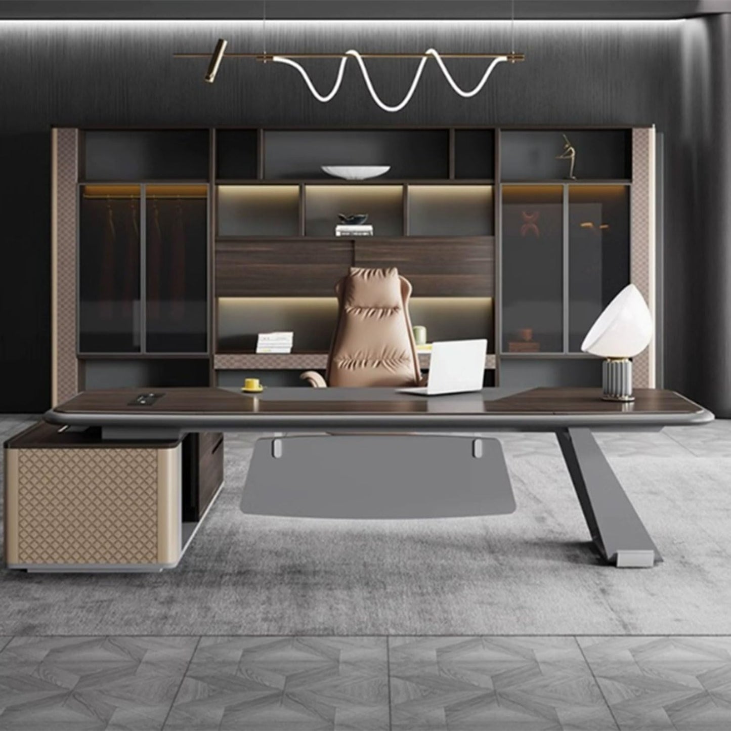LSIGHTUS Brown Wood Executive Office Desk with Lateral Cabinet Writing Study Table Business Furniture Set for CEO Boss