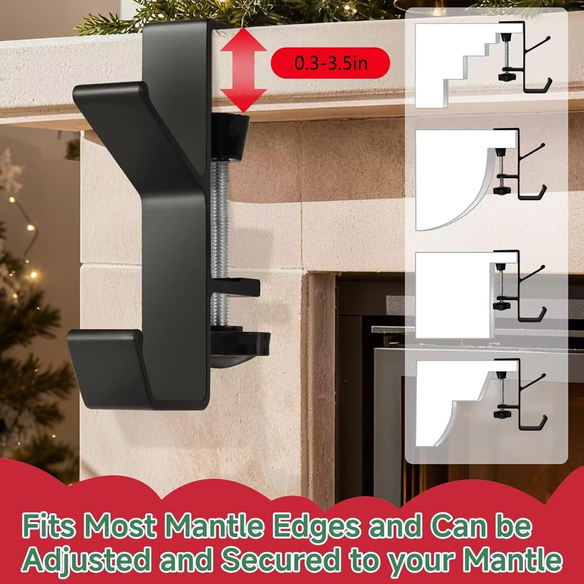 Guojanfon Garland and Stocking Mantel Holders with 2 Hooks, Mantel Hanger for Garland, 2 in 1 Mantel Garland and Stocking Hangers Heavy Duty, Fireplace Garland Hanger for Xmas Decoration (4Black)