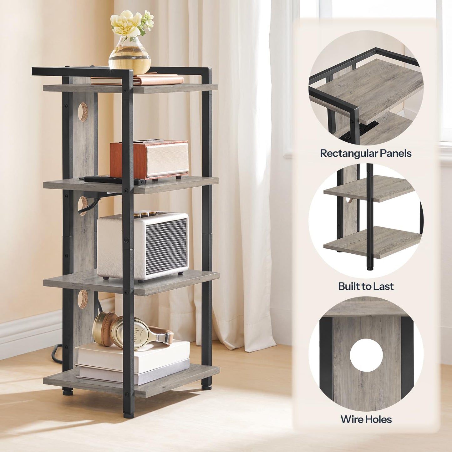 HOOBRO 4-Tier AV Media Stand, Media Console with Charging Station and LED Light, Wooden Stereo Cabinet, Corner TV Stand, Record Player, Entertainment Device Stand, BG38UDCJ01