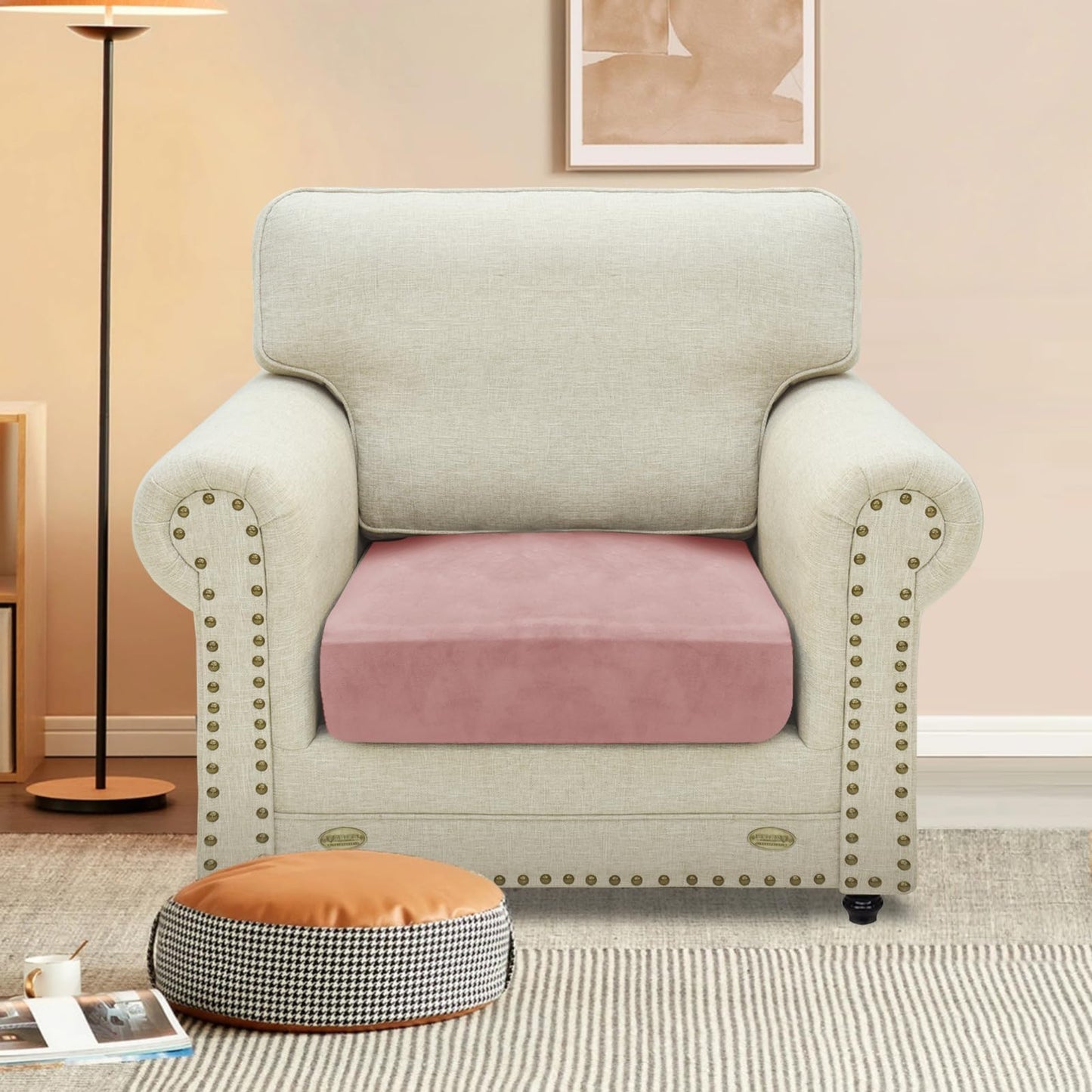 MAXIJIN Velvet Stretch Cushion Cover Fitted Couch Cushion Slipcovers 1 Pack Arm Chair Seat Cushion Cover for Individual Cushion Sofa Chair with Elastic Bottom (Chair Cushion, Dusty Pink)