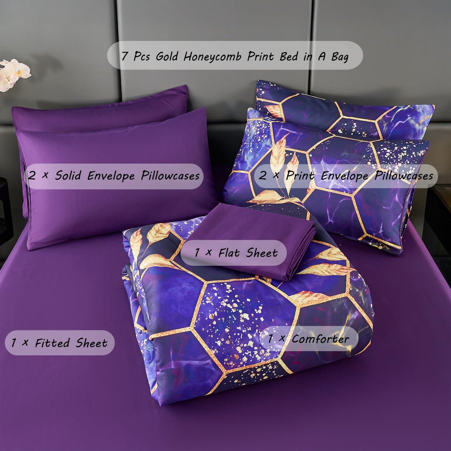 ZRNBAST 7 PC Hexagon Purple Queen Bed in A Bag Women Men Honeycomb Geometric Bed Comforter Set Watercolor Print Bedding Set for All Season (Purple, Queen)