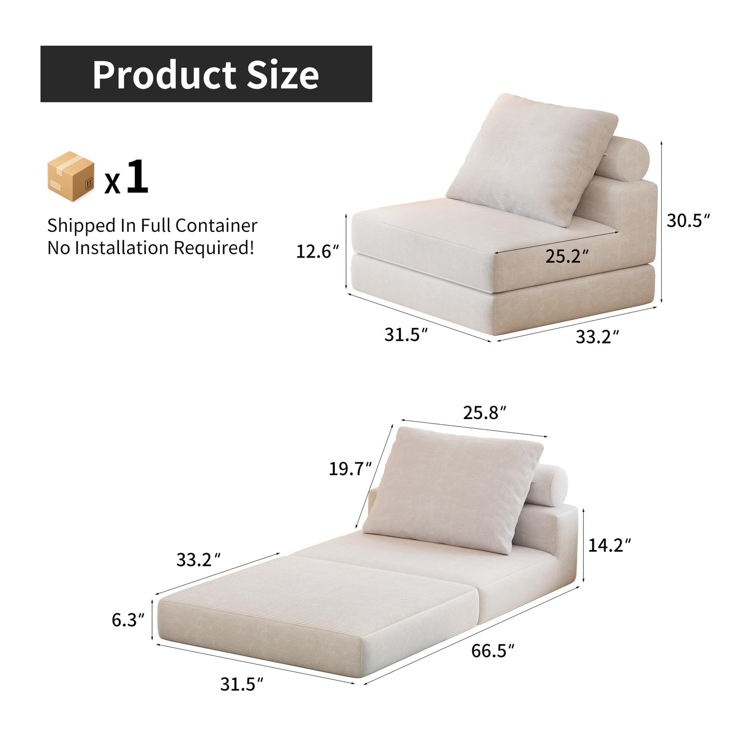Folding Sofa Bed, Convertible Sleeper Chair with Memory Foam, Pillow & Back Support – Boneless Foldable Futon Couch, Floor Mattress Single Size Lounge for Living Room, Guest Room or Home Office