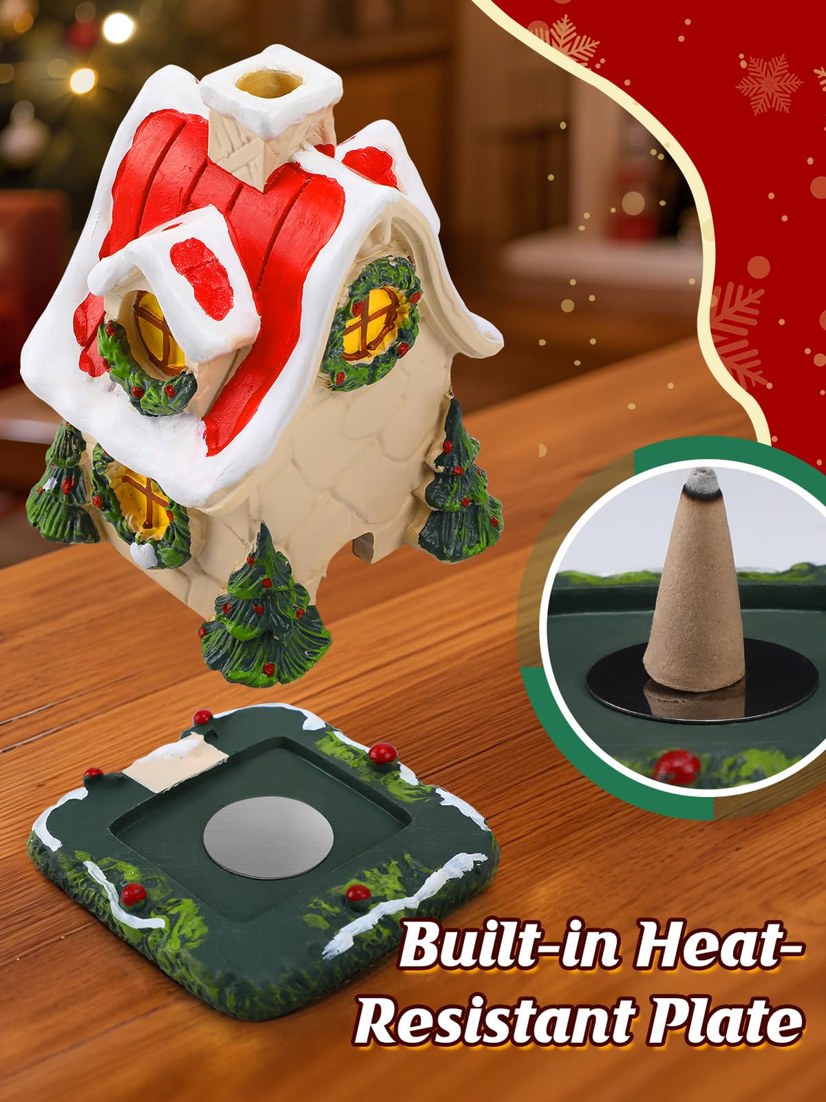 Christmas Log Cabin Incense Burner - Gift for Mom Wife Her Women, Christmas Village House Incense Holder with 2 Incense Cones for Home Decorations, Red