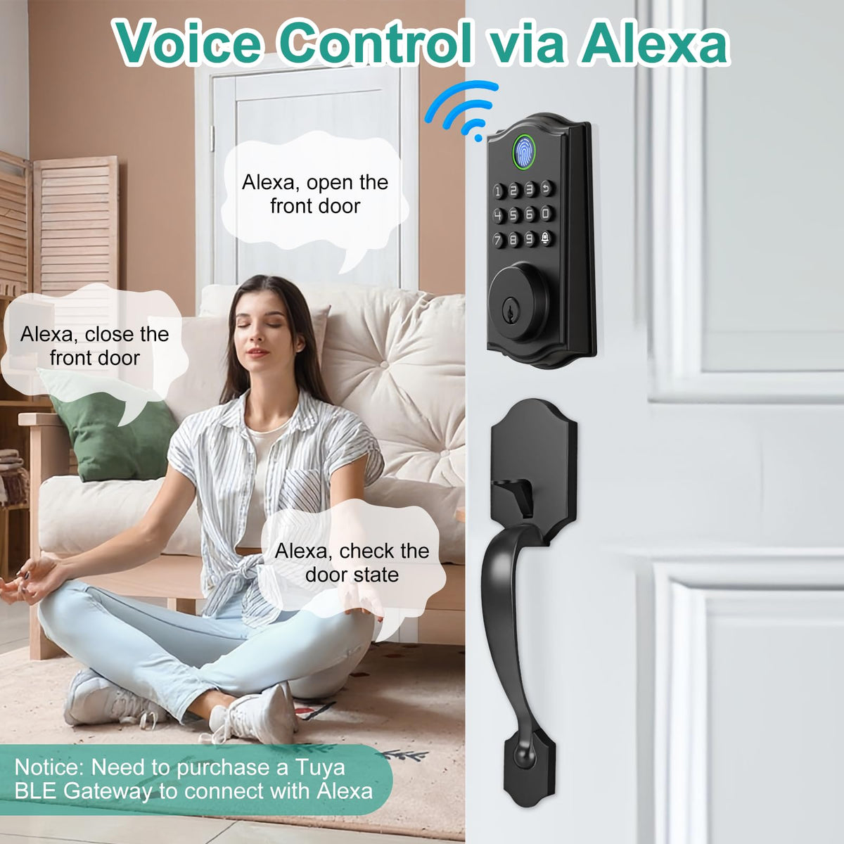 REETOMETAL Smart Front Door Lockset, Keyless Entry Deadbolt with Handle, Fingerprint/App/Code/Key Unlock, Anti-Peeping Keypad, Auto-Lock, Easy Install
