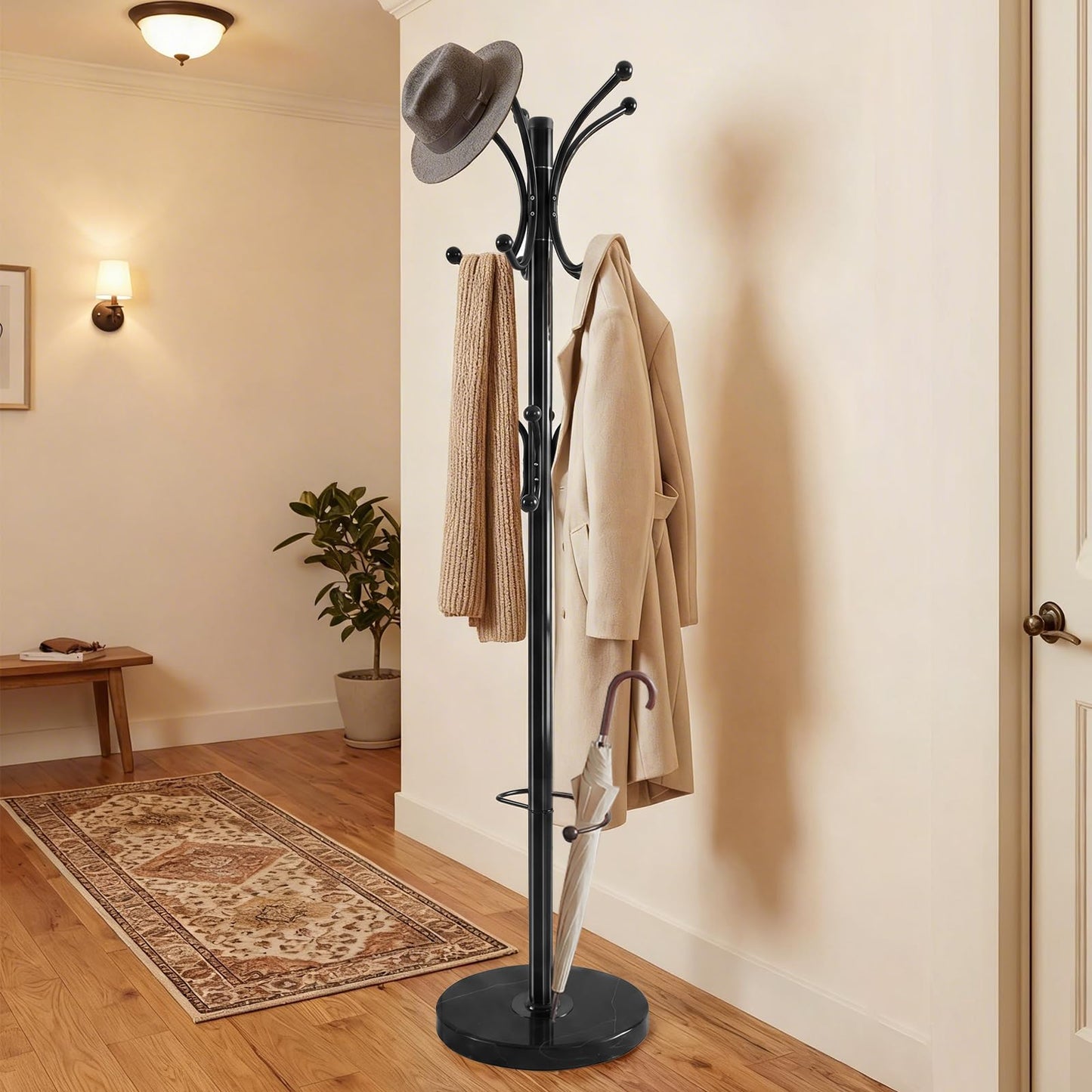 DongRong Metal Coat Rack Freestanding with Natural Marble Base, 360° Roraty Coat Rack Stand with 16 Hooks & Umbrella Holder, Black Heavy Duty Coat Rack for Coats Hats for Entryway Bedroom (Black)