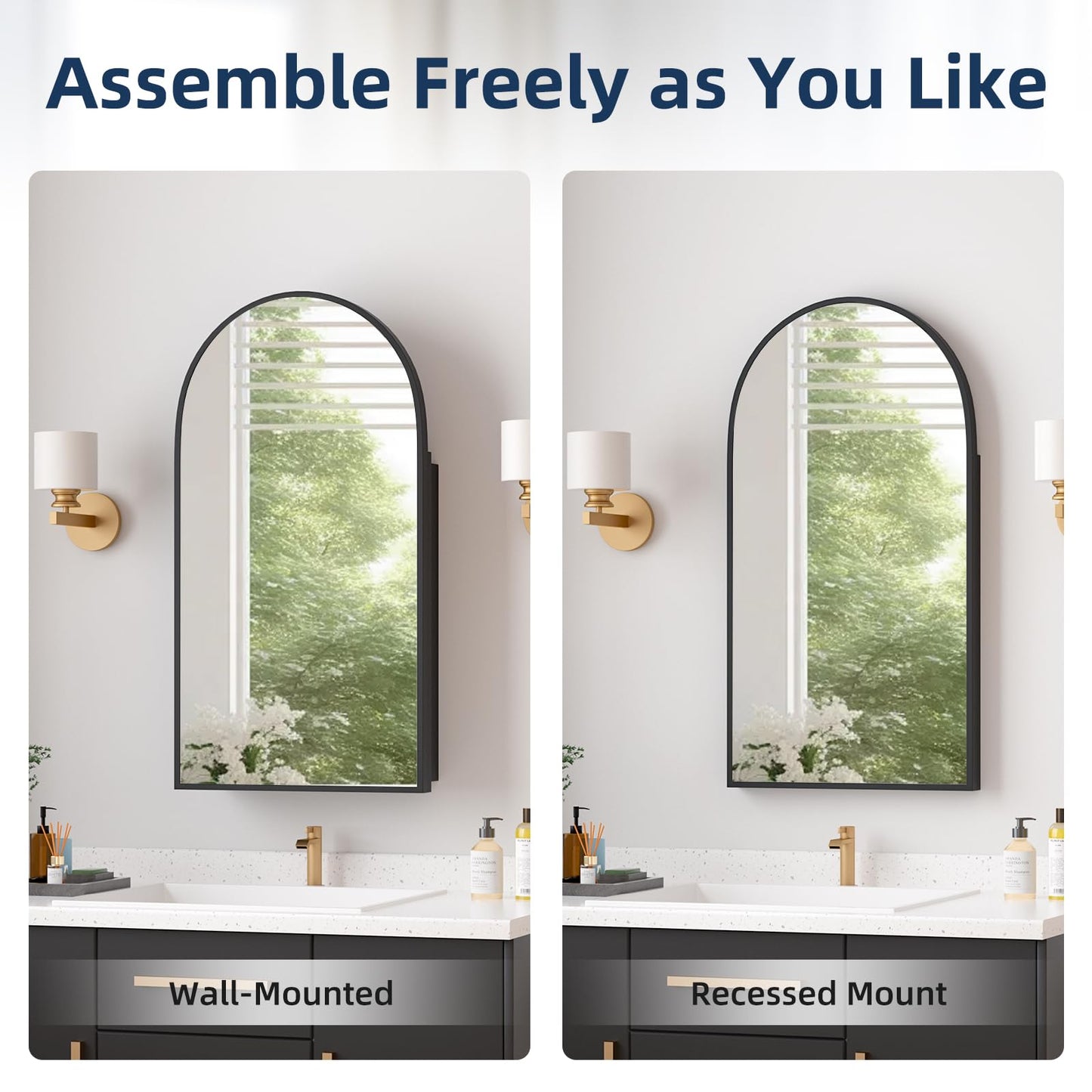 YTSMIR Medicine Cabinets for Bathroom, Black Arched Medicine Cabinet Recessed or Surface Wall-Mounted,Modern Bathroom Vanity Mirror with Storage, Mirrored Cabinet with Adjustable Shelves,16x31 Inch