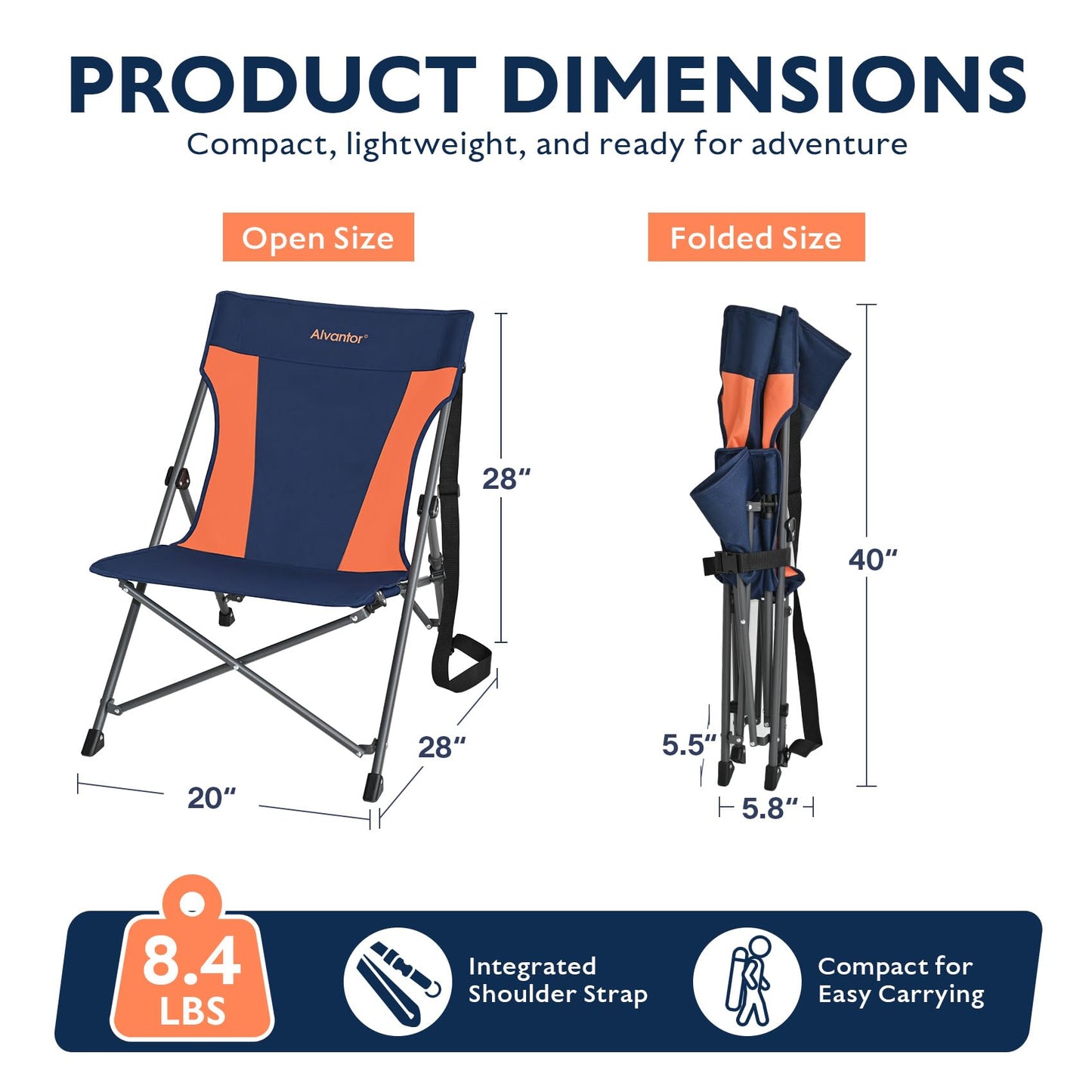 Alvantor® Camping Chair, High Back Folding Beach Chair Breathable for Outdoor, Ergonomic Backrest, Easy Use Portable Lawn Chair Seat for Travel, Fishing, Pinic, Sports Events, 20"x28"x28"